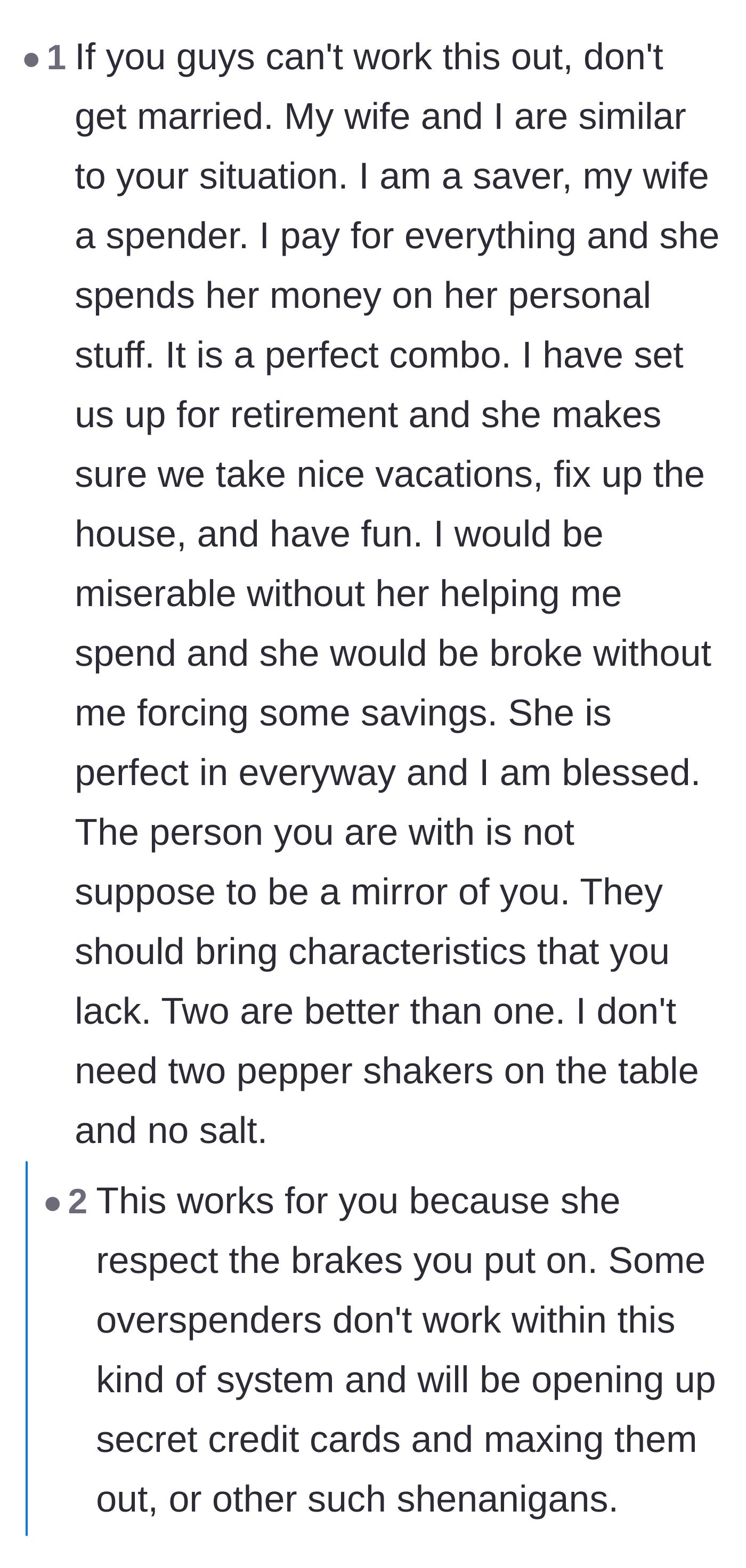 Comment thread 6 - A user sharing a successful saver-spender marriage dynamic, with a reply noting it requires mutual respect.