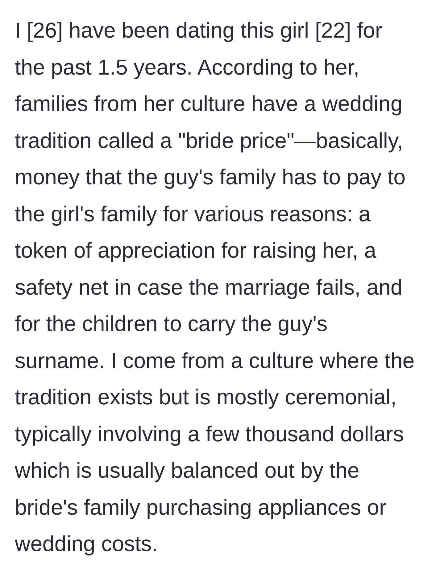 Story part 1 - The boyfriend learns about the $180,000 bride price tradition from his girlfriend's culture.