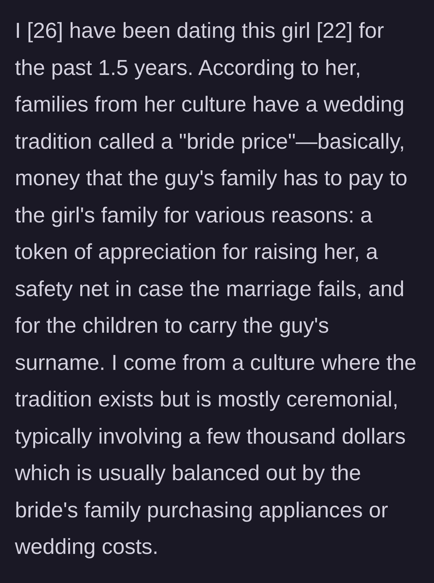 Story part 1 - The boyfriend learns about the $180,000 bride price tradition from his girlfriend's culture.