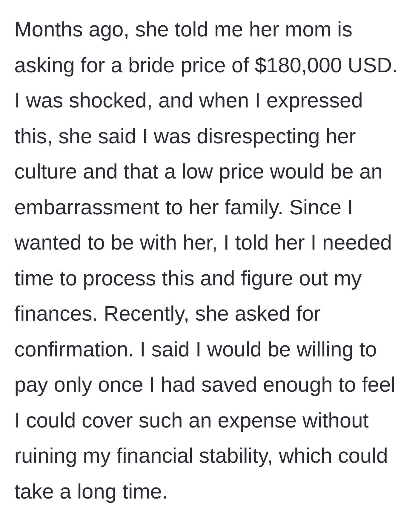 Story part 2 - The girlfriend accuses him of disrespecting her culture when he expresses shock at the cost.