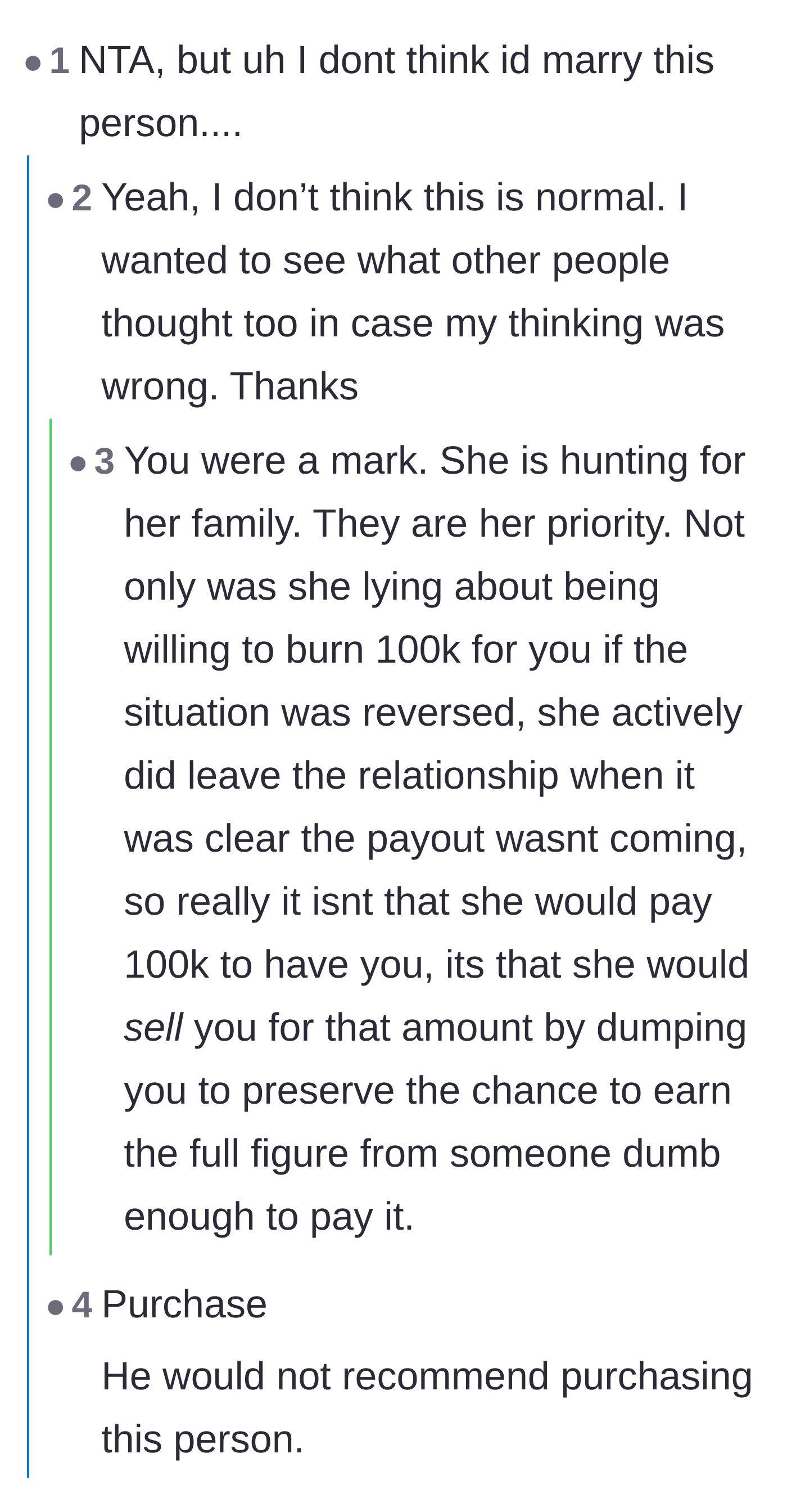 Comment thread 1 - Readers pointing out the transactional nature of the relationship and advising against marriage