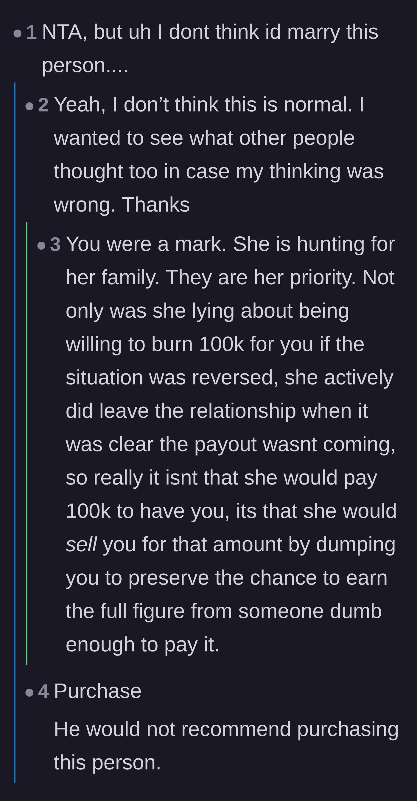 Comment thread 1 - Readers pointing out the transactional nature of the relationship and advising against marriage