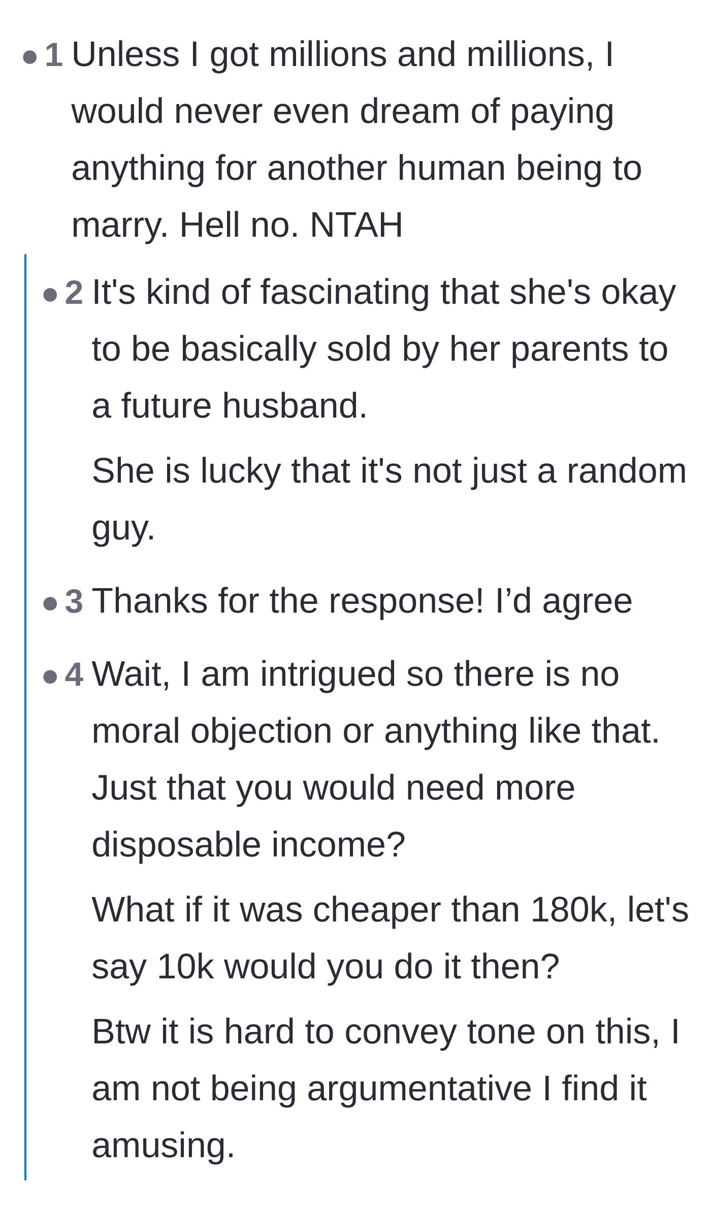 Comment thread 5 - Readers expressing disbelief that the girlfriend was comfortable being treated as a commodity by her parents