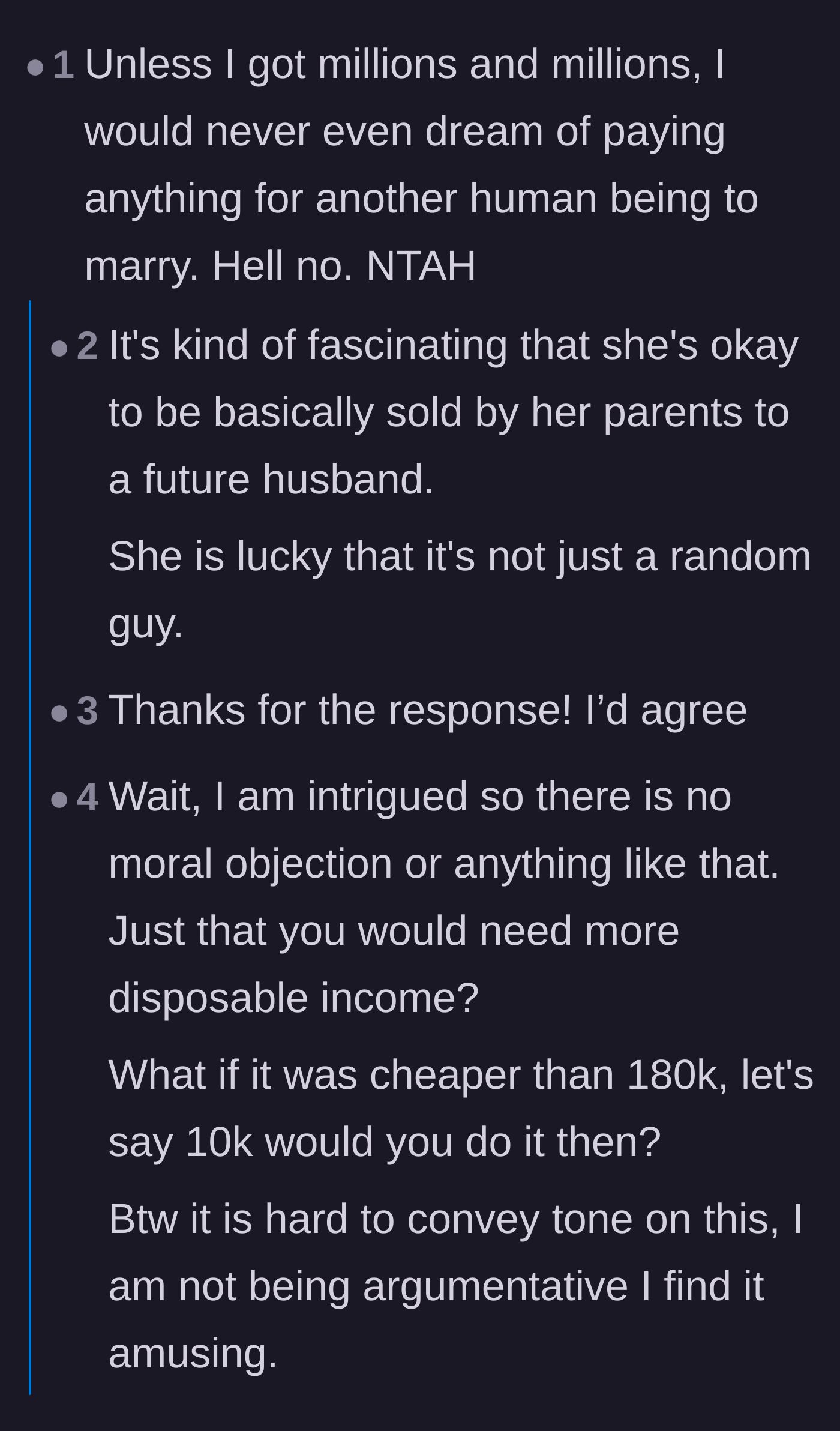 Comment thread 5 - Readers expressing disbelief that the girlfriend was comfortable being treated as a commodity by her parents