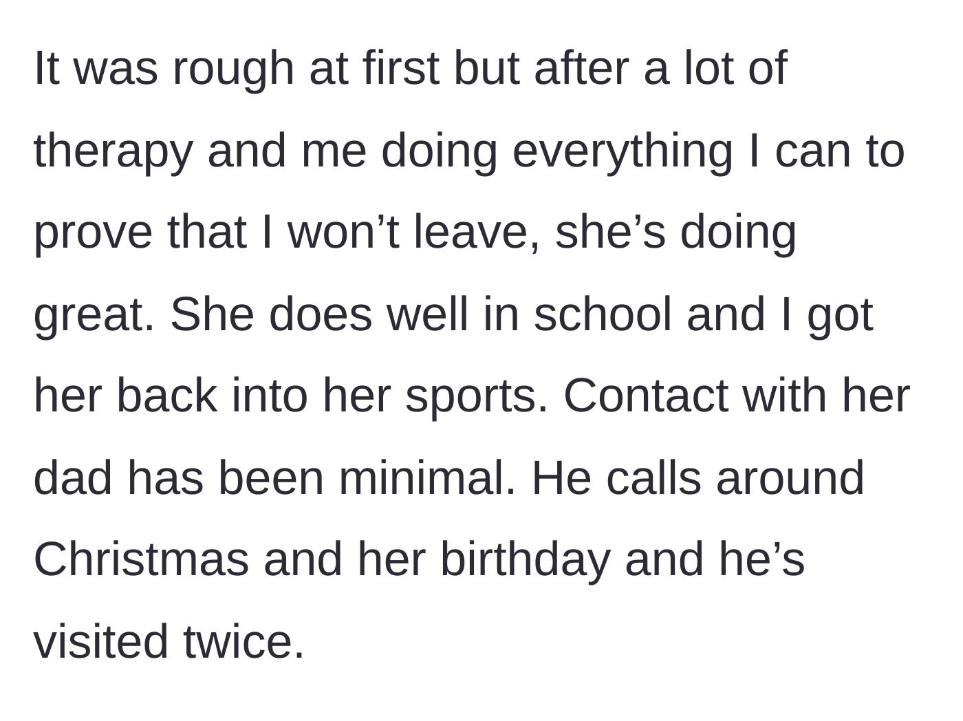 Story part 3 - Ami's recovery through therapy and her minimal contact with her father.