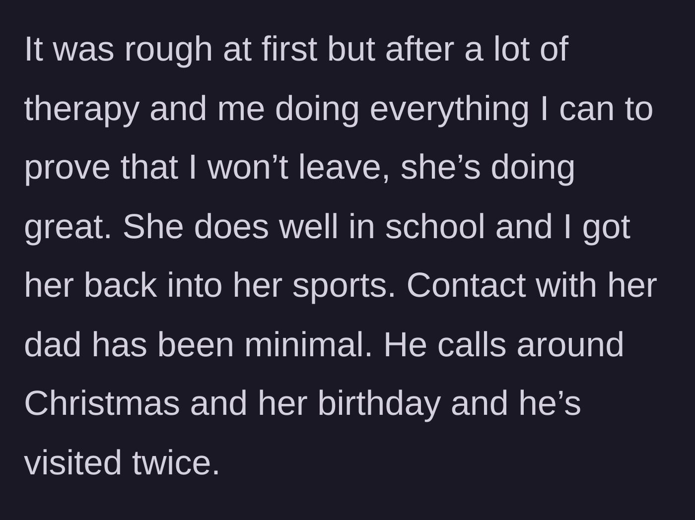 Story part 3 - Ami's recovery through therapy and her minimal contact with her father.