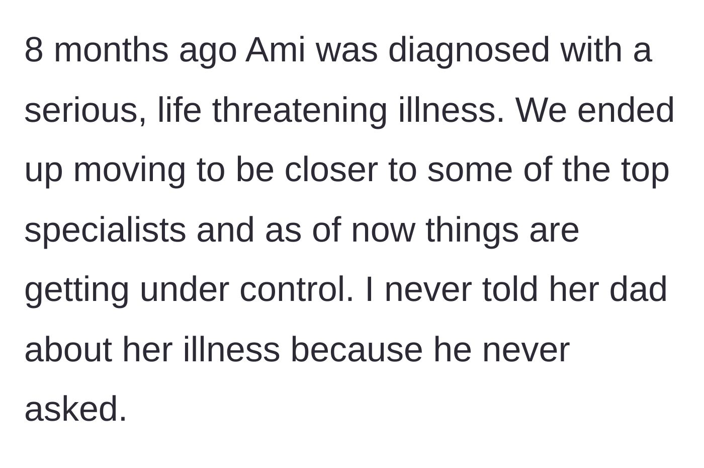Story part 4 - Ami's life-threatening diagnosis and the aunt's decision to keep it private from the father.