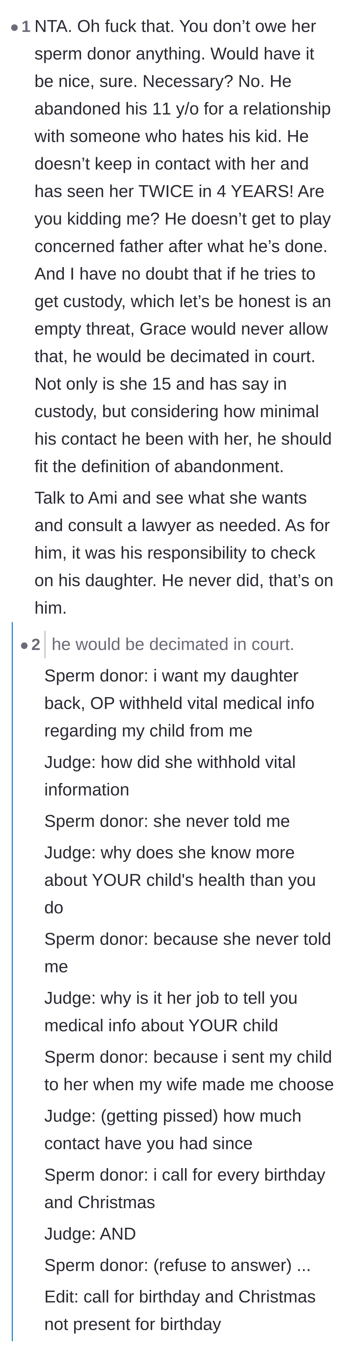 Comment thread 3 - A mock courtroom script highlighting the absurdity of the father's legal threats.