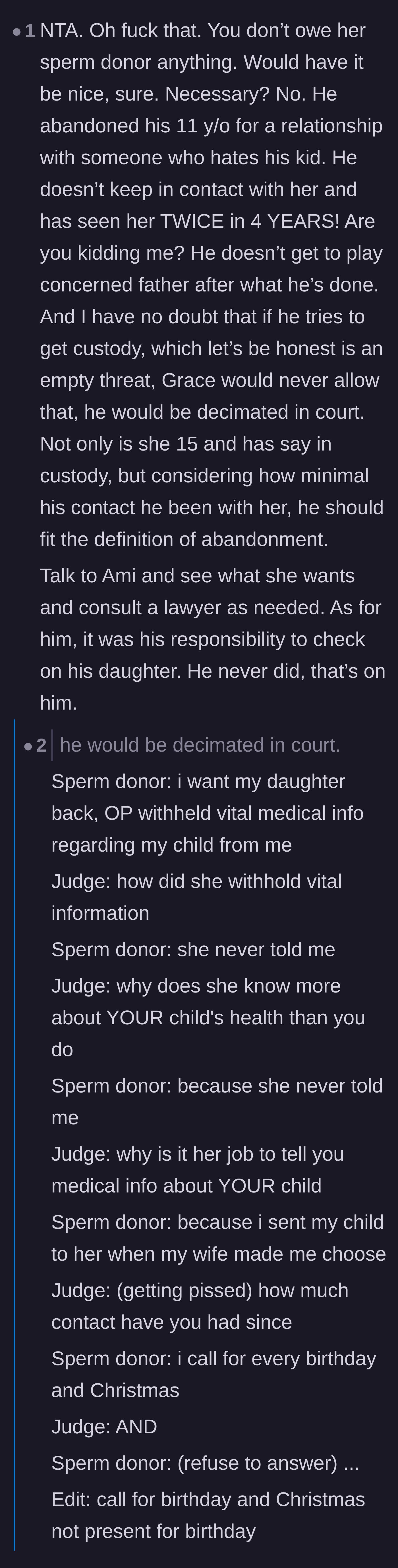 Comment thread 3 - A mock courtroom script highlighting the absurdity of the father's legal threats.