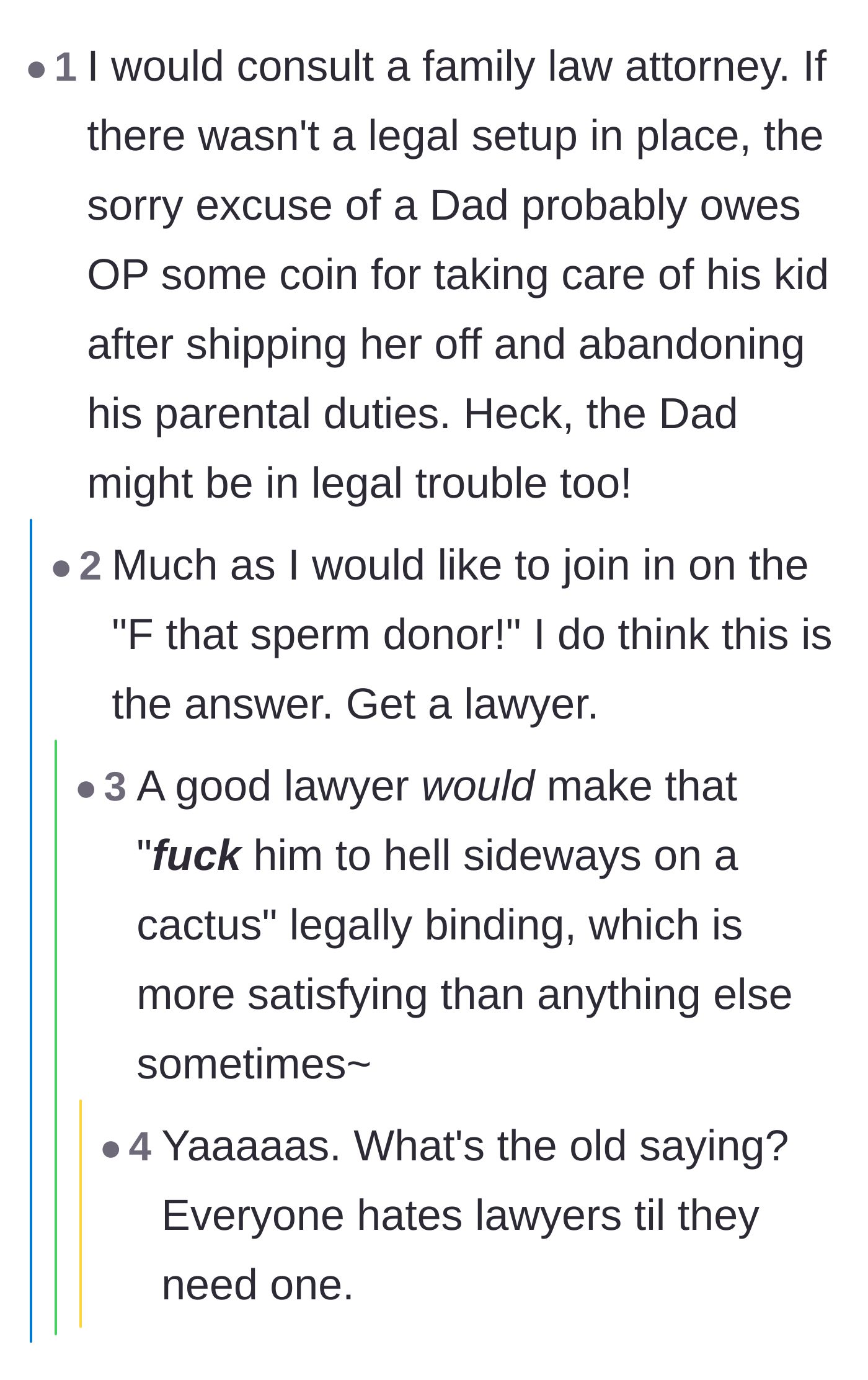 Comment thread 4 - Advice urging the aunt to consult a family law attorney for protection and child support.