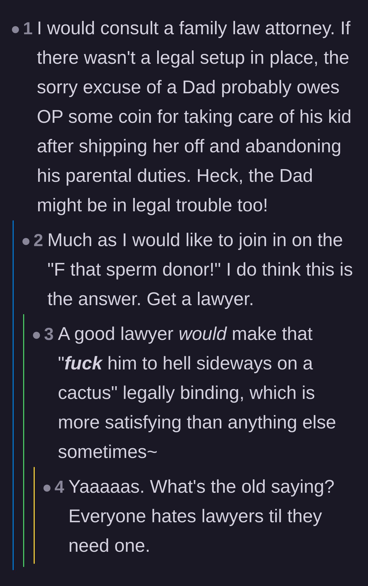 Comment thread 4 - Advice urging the aunt to consult a family law attorney for protection and child support.