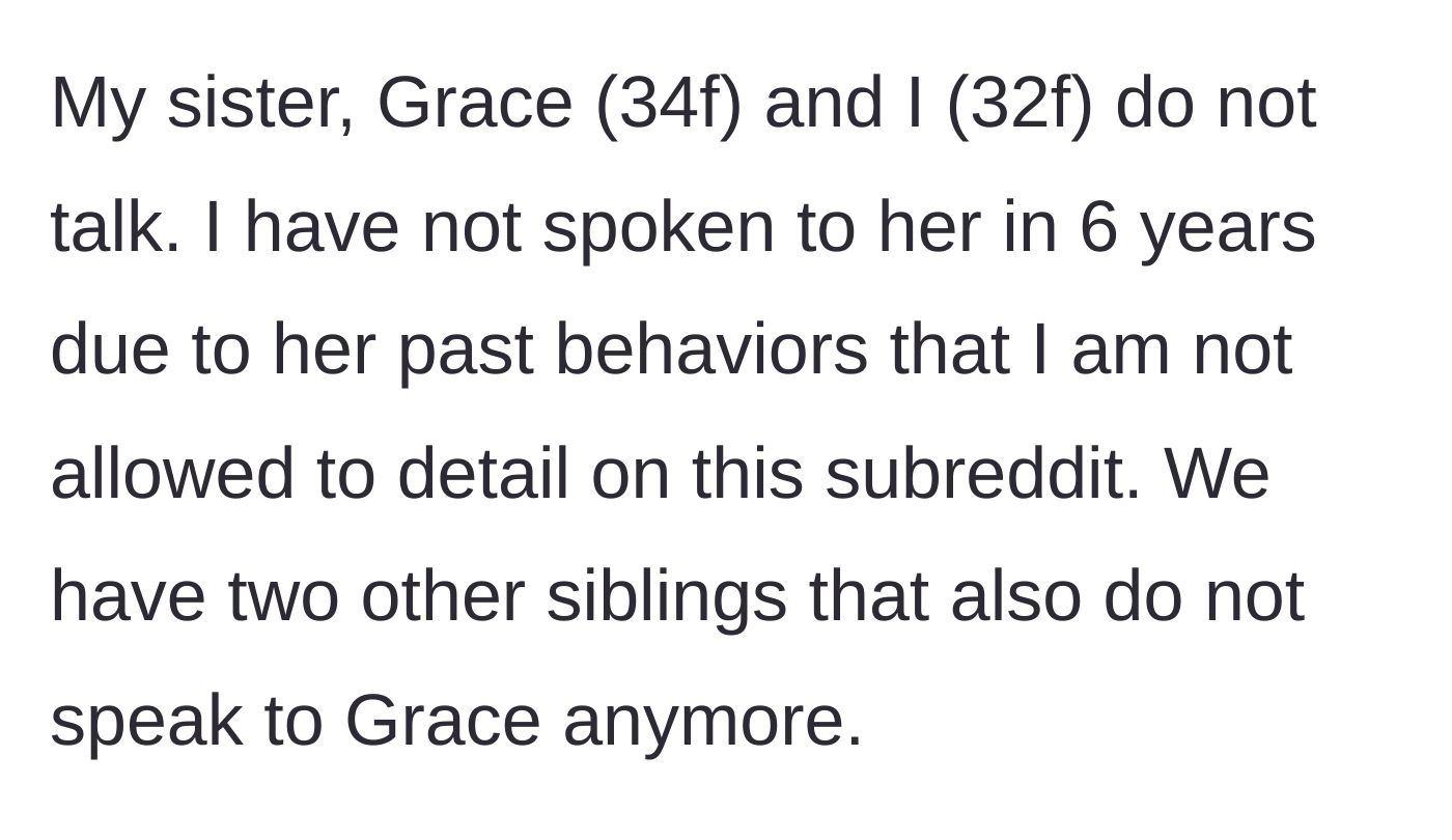 Story part 1 - A brief explanation of a six-year estrangement between two sisters due to severe past behaviors that alienated the entire family.