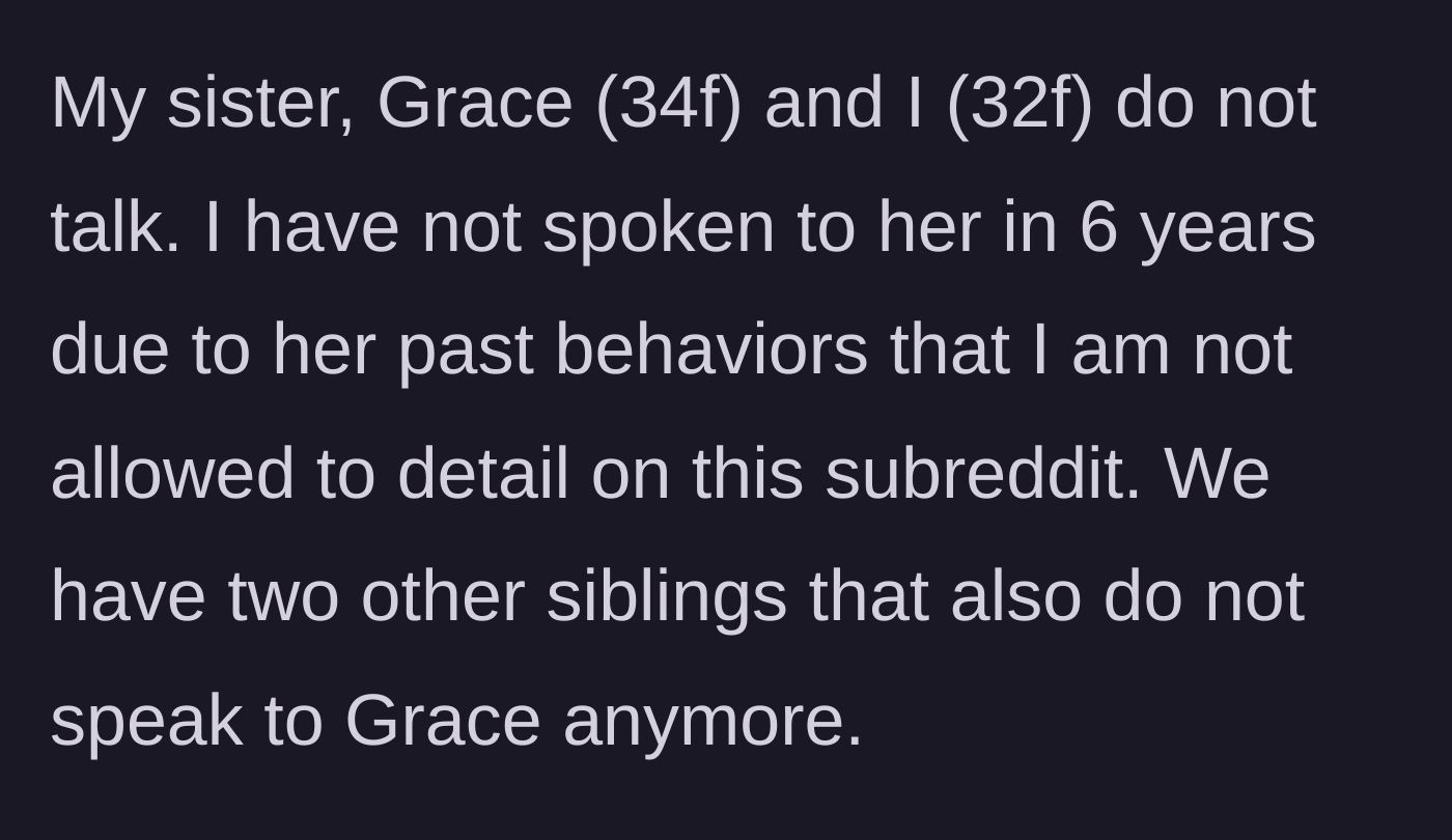 Story part 1 - A brief explanation of a six-year estrangement between two sisters due to severe past behaviors that alienated the entire family.