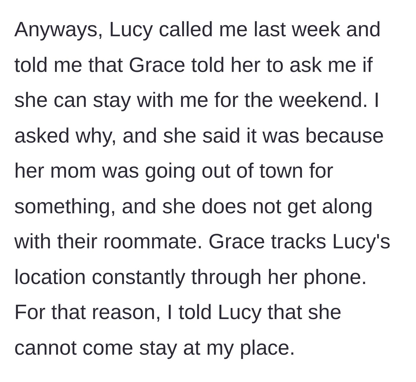 Story part 4 - The niece asking to stay the weekend, and the aunt declining because the mother tracks the teenager's phone location constantly.