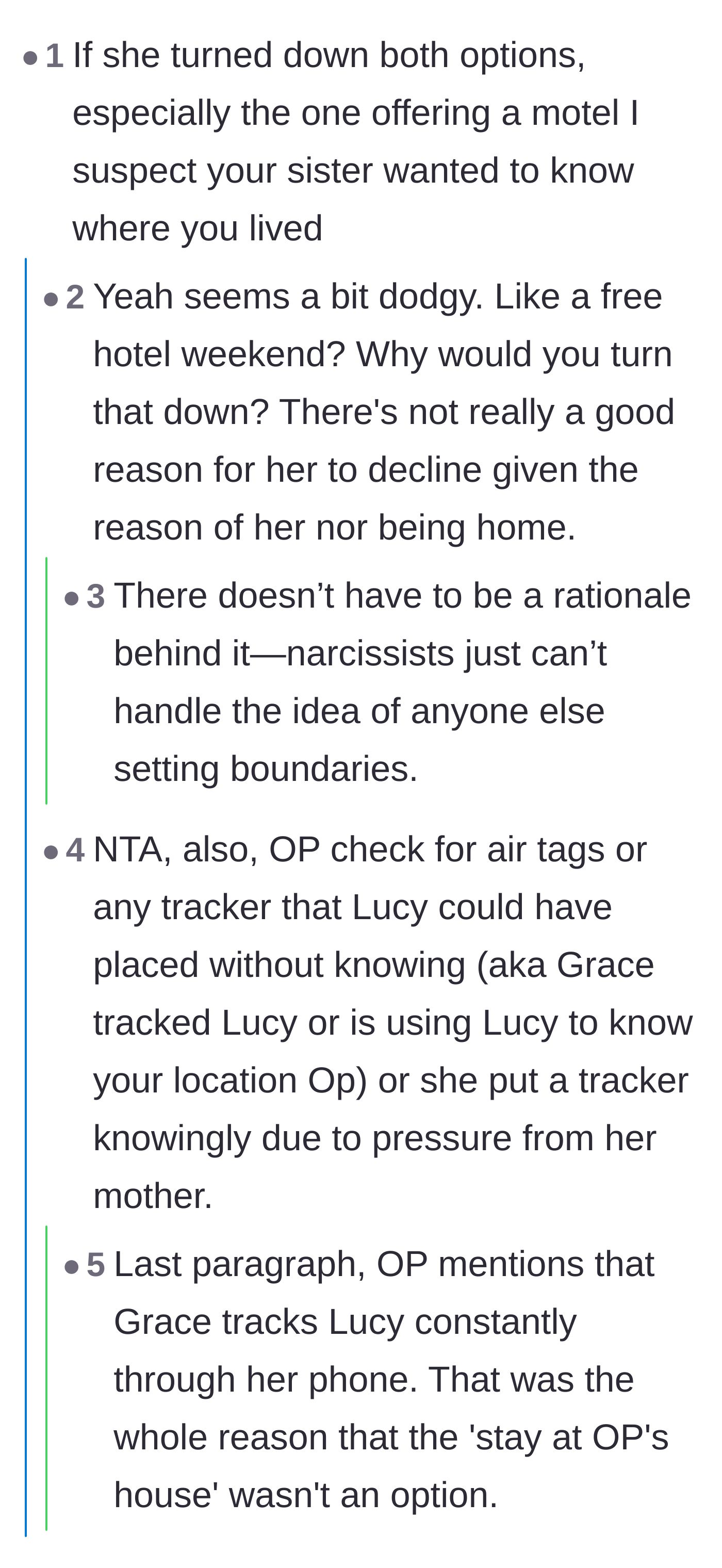 Comment thread 1 - A discussion about how toxic family members react to boundaries and a warning to check for hidden tracking devices.
