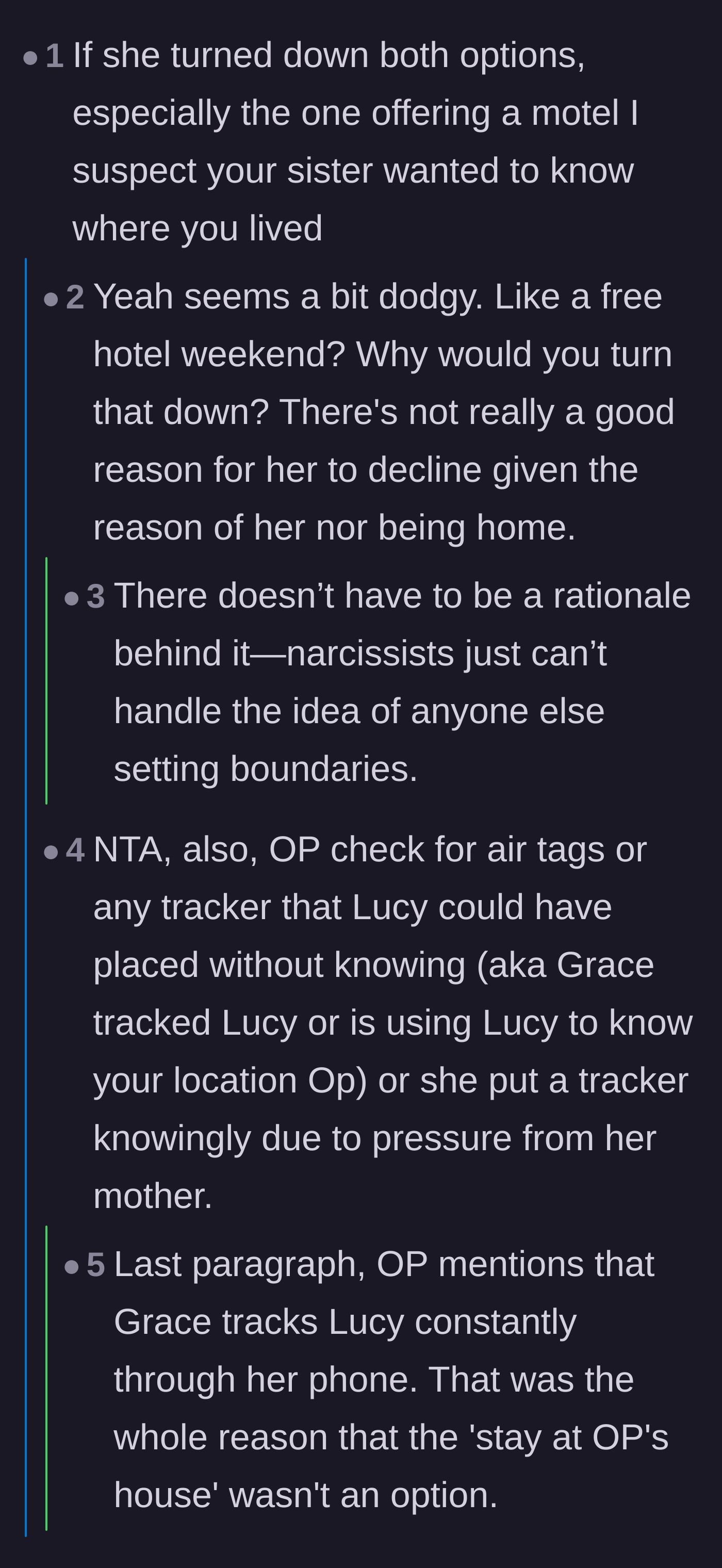 Comment thread 1 - A discussion about how toxic family members react to boundaries and a warning to check for hidden tracking devices.