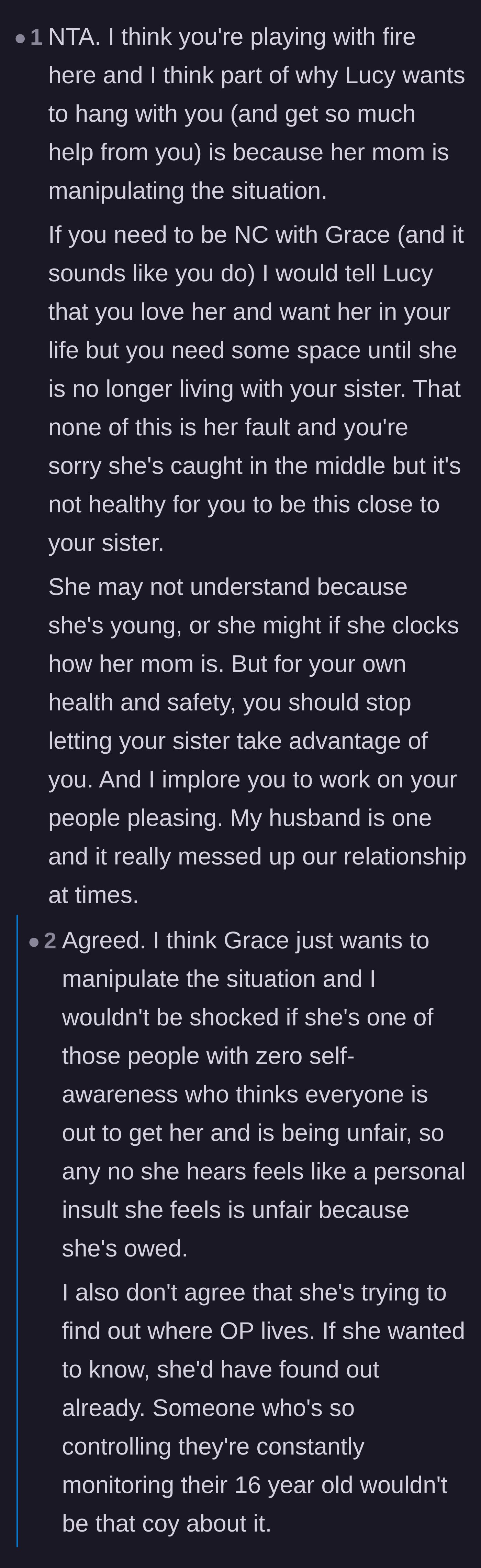 Comment thread 2 - Advice urging the aunt to step back from the relationship for her own mental health and safety.