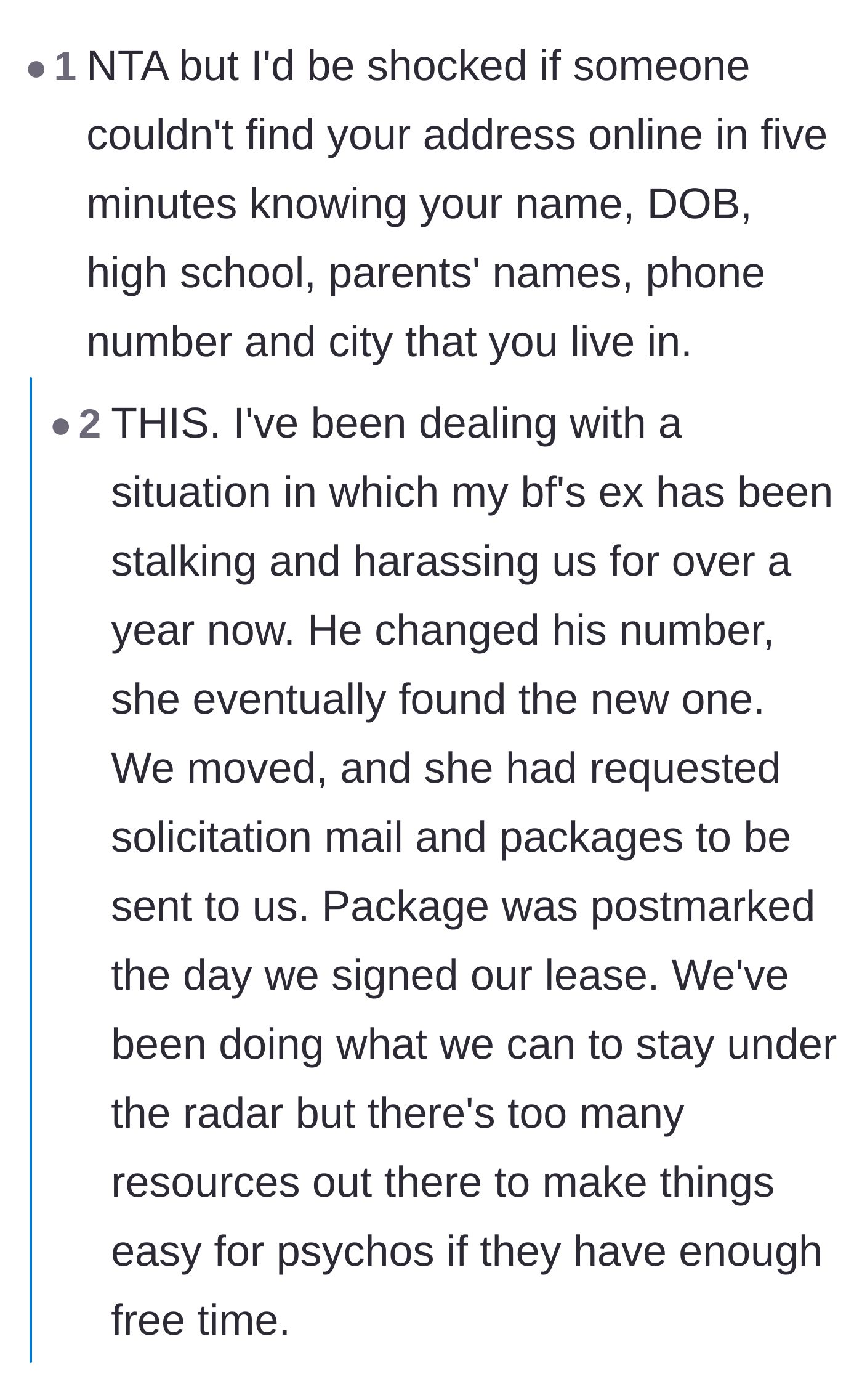 Comment thread 5 - A dark reality check from readers sharing personal stories about how easily personal information and addresses can be found online by determined stalkers.