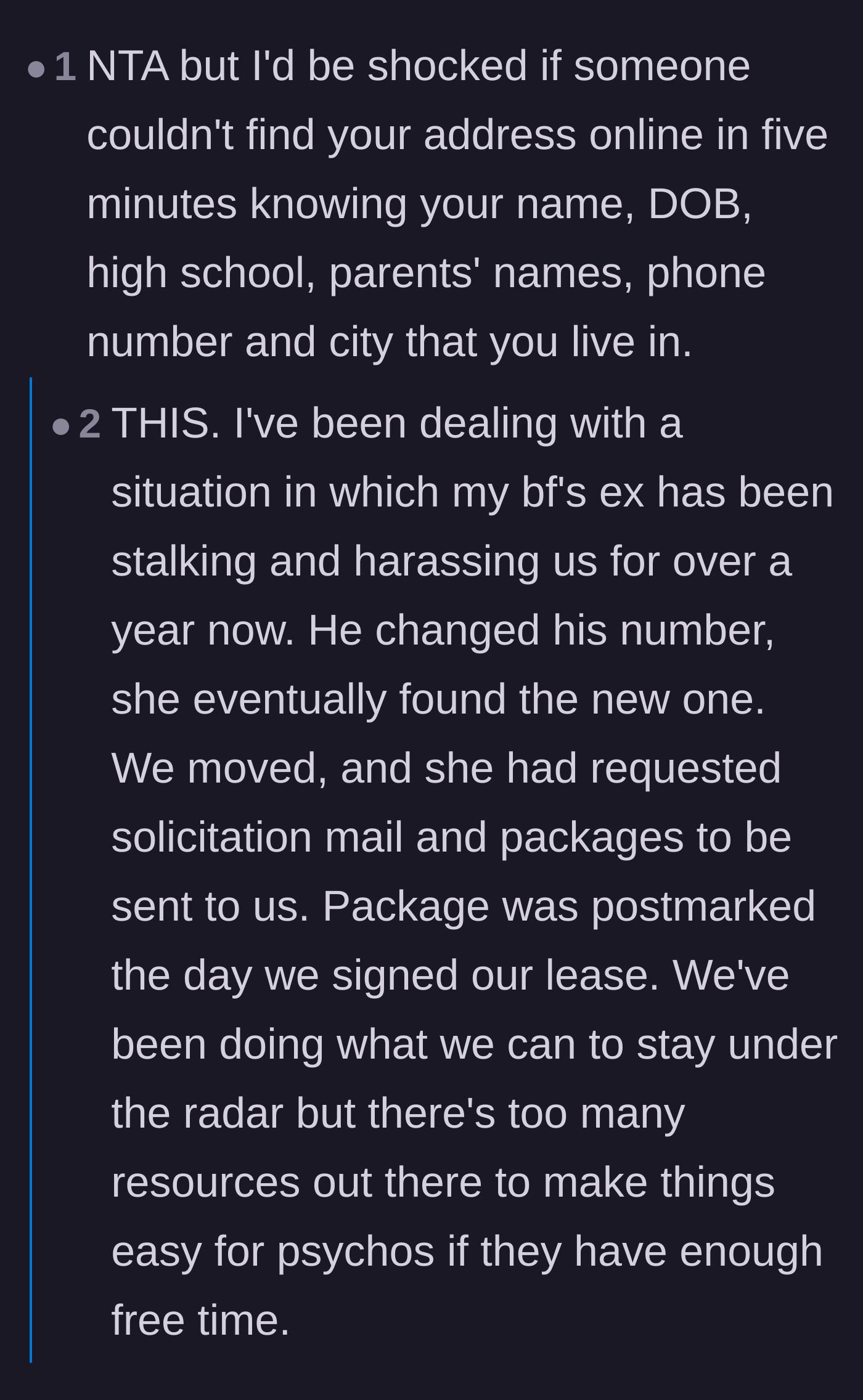 Comment thread 5 - A dark reality check from readers sharing personal stories about how easily personal information and addresses can be found online by determined stalkers.