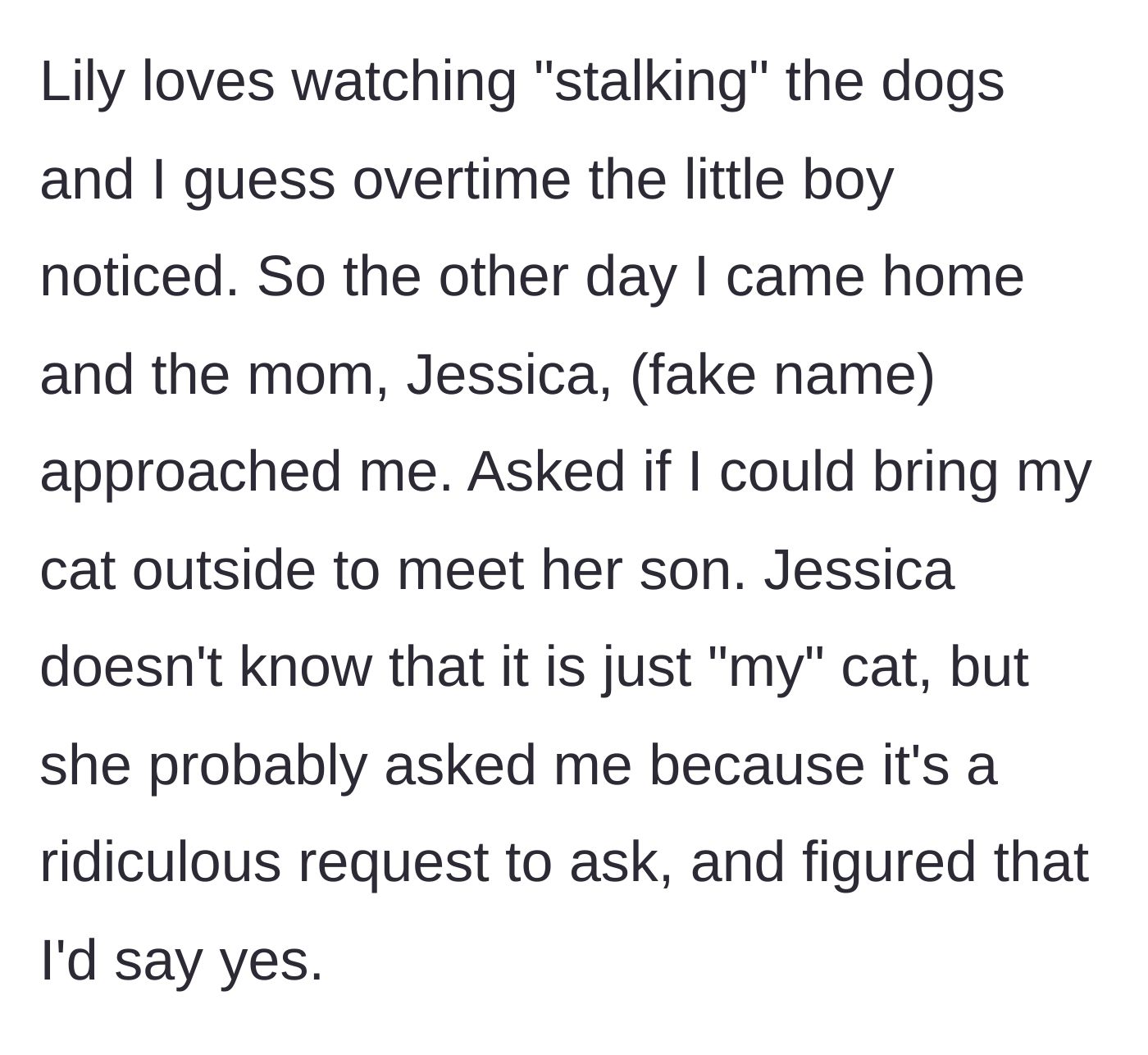 Story part 3 - The neighbor mom approaches and asks the young woman to bring her indoor cat outside to meet her son.