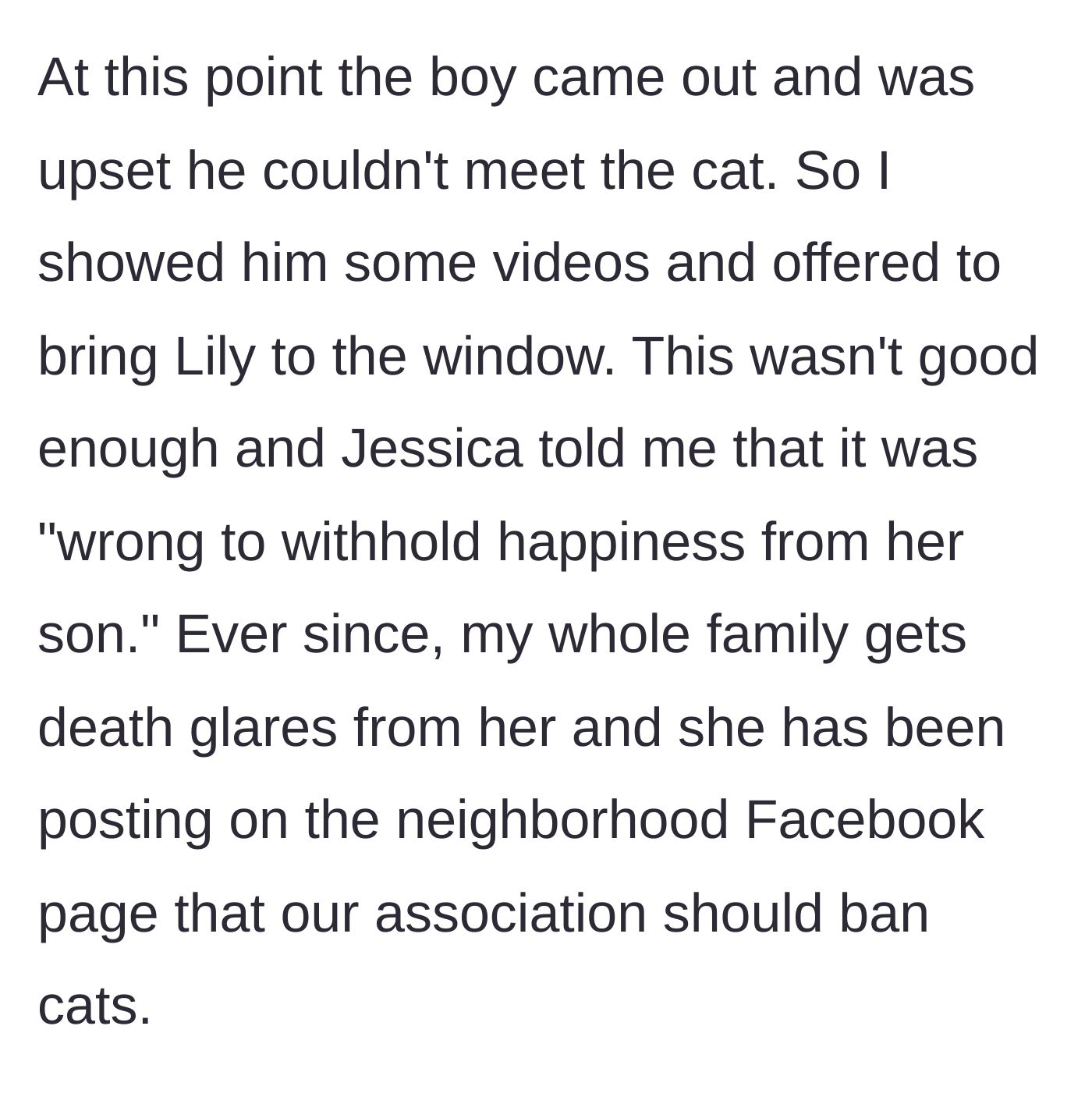Story part 5 - The young woman offers compromises to the crying boy, but the mom accuses her of withholding happiness and launches a Facebook campaign against cats.