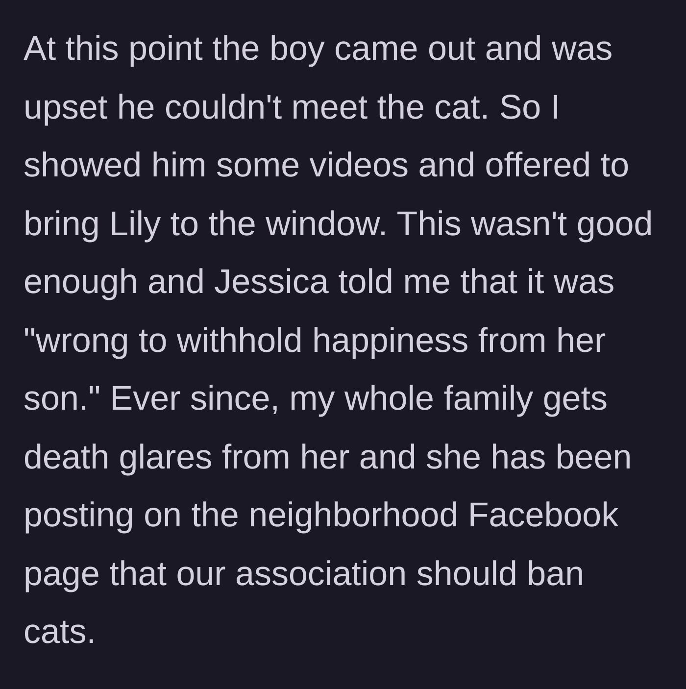 Story part 5 - The young woman offers compromises to the crying boy, but the mom accuses her of withholding happiness and launches a Facebook campaign against cats.
