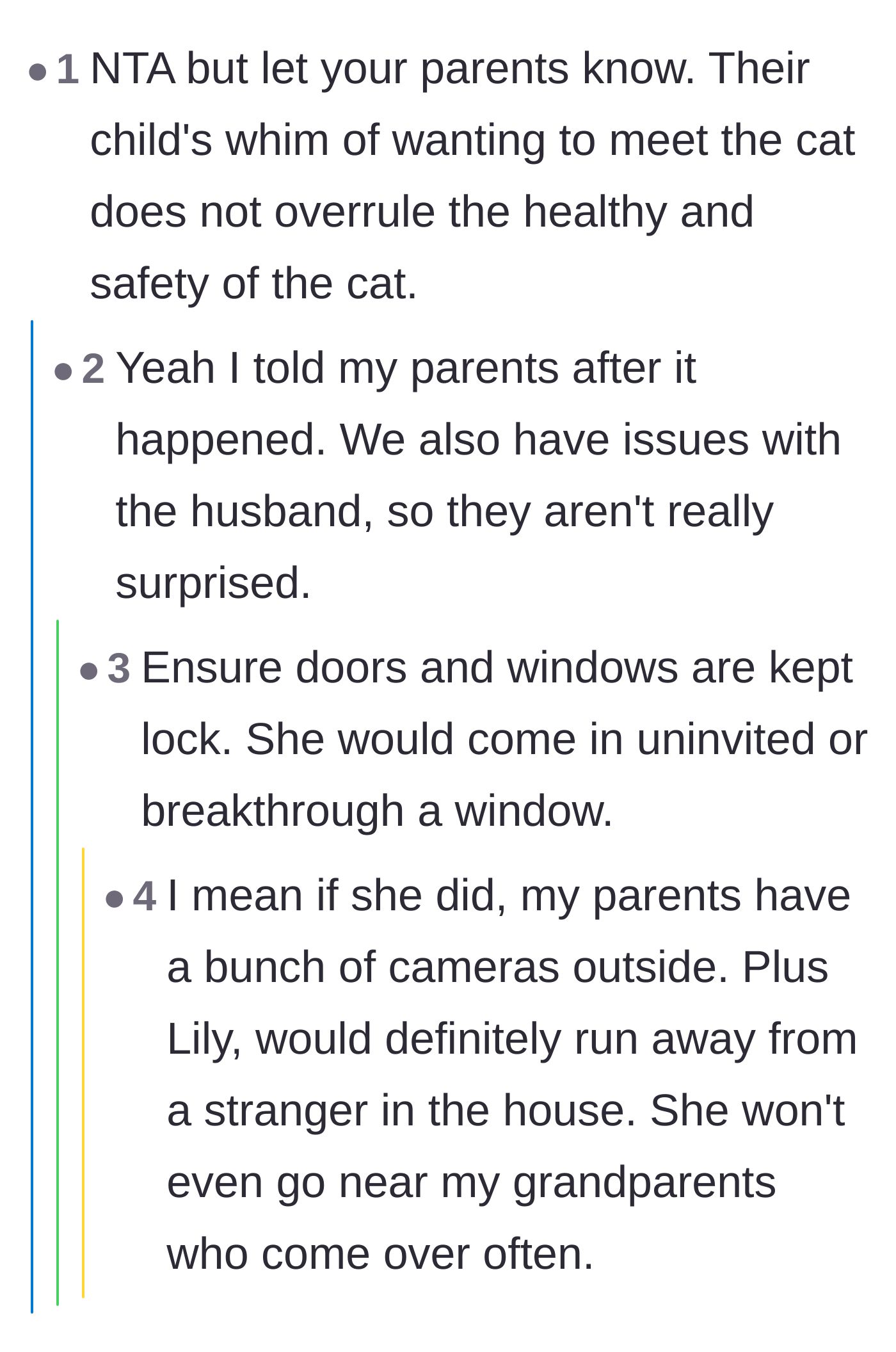 Comment thread 2 - Advice to the main character to inform her parents and secure the house against potential forced entry.