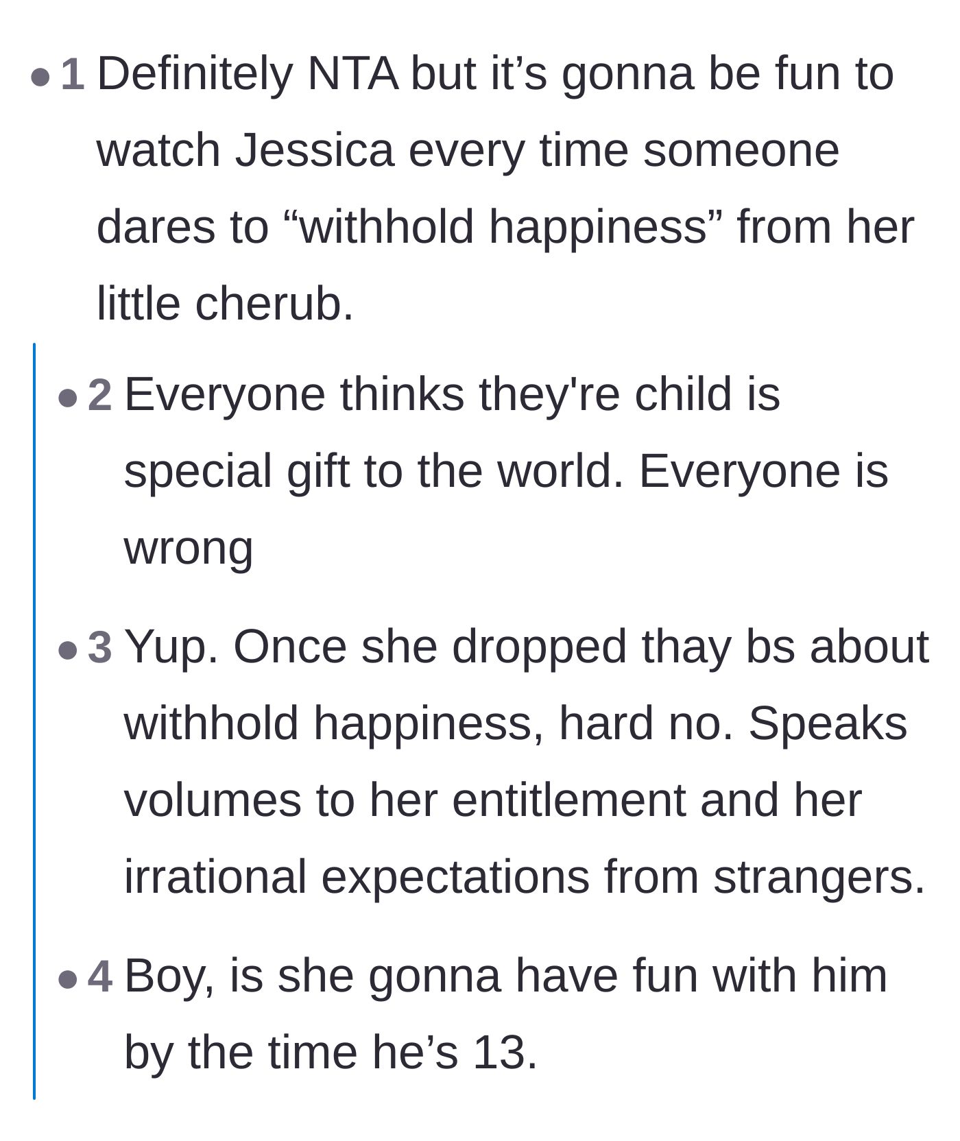 Comment thread 3 - Mockery of the mother's absurd claim about withholding happiness and predictions for the child's future.
