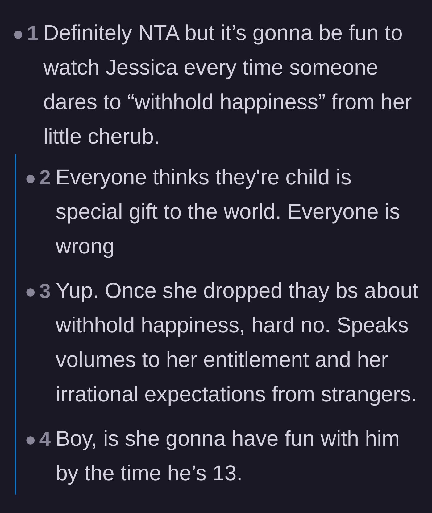 Comment thread 3 - Mockery of the mother's absurd claim about withholding happiness and predictions for the child's future.