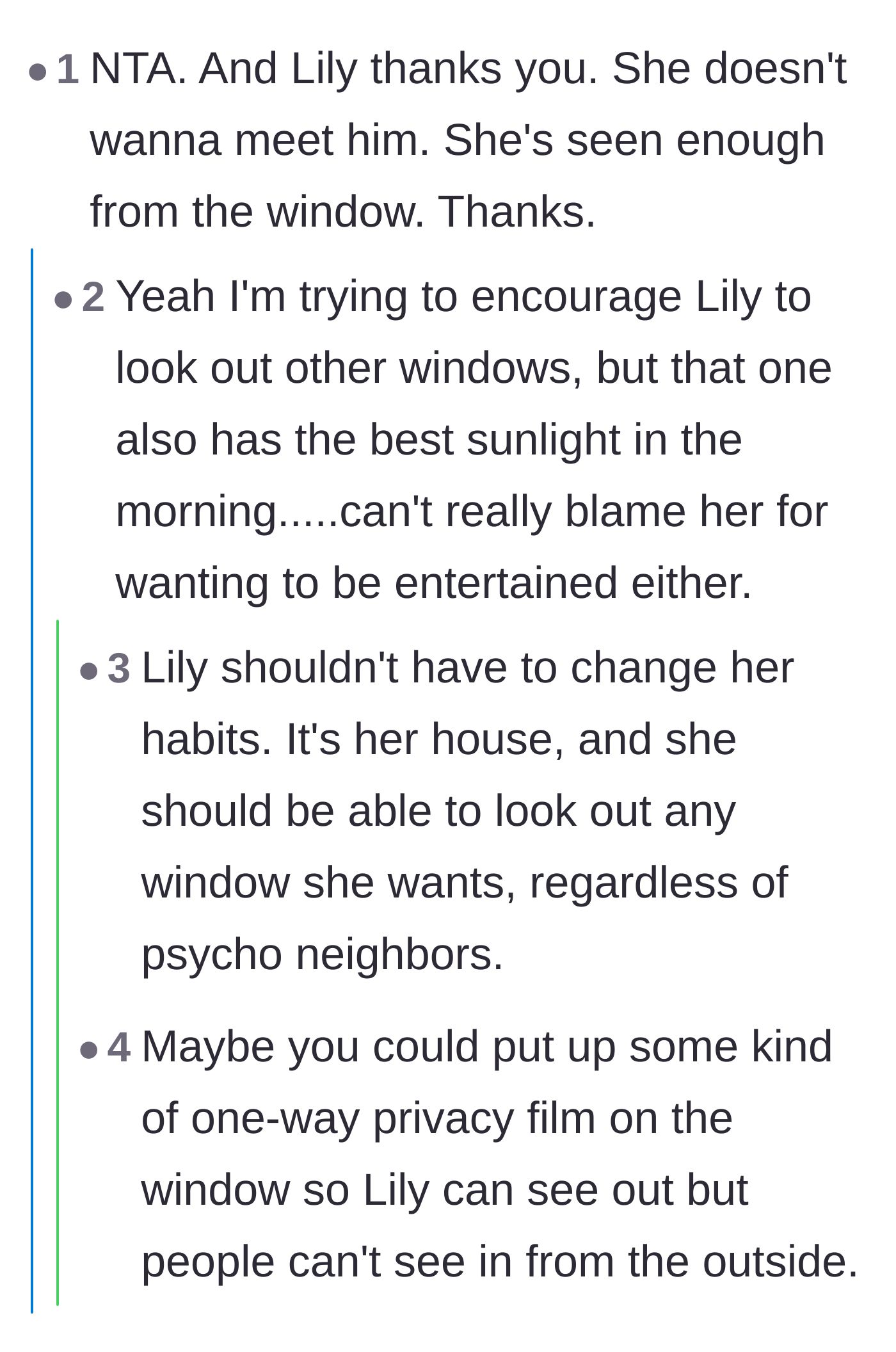 Comment thread 5 - Support for letting the cat keep her favorite window spot and practical suggestions for privacy film.