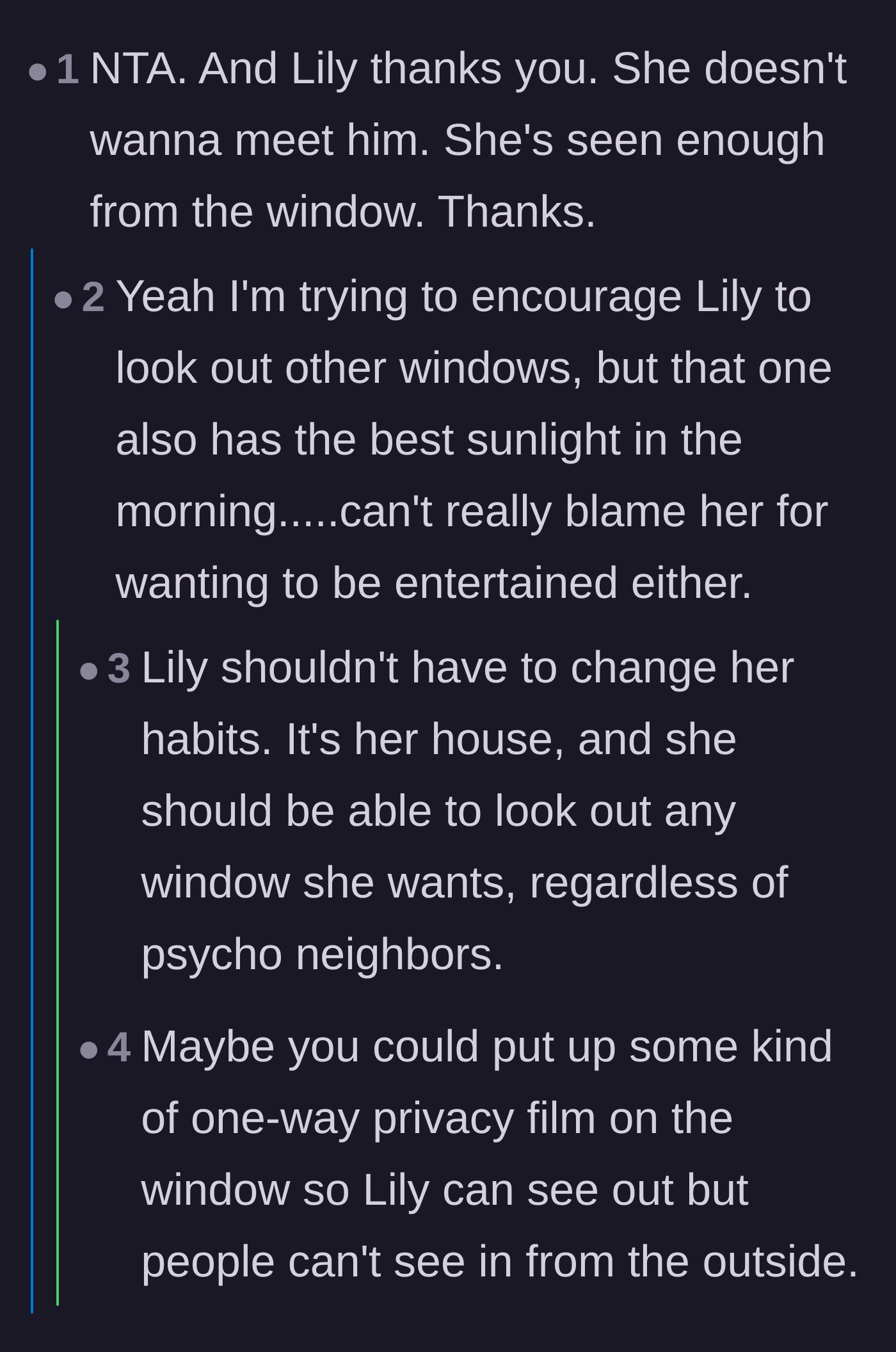 Comment thread 5 - Support for letting the cat keep her favorite window spot and practical suggestions for privacy film.