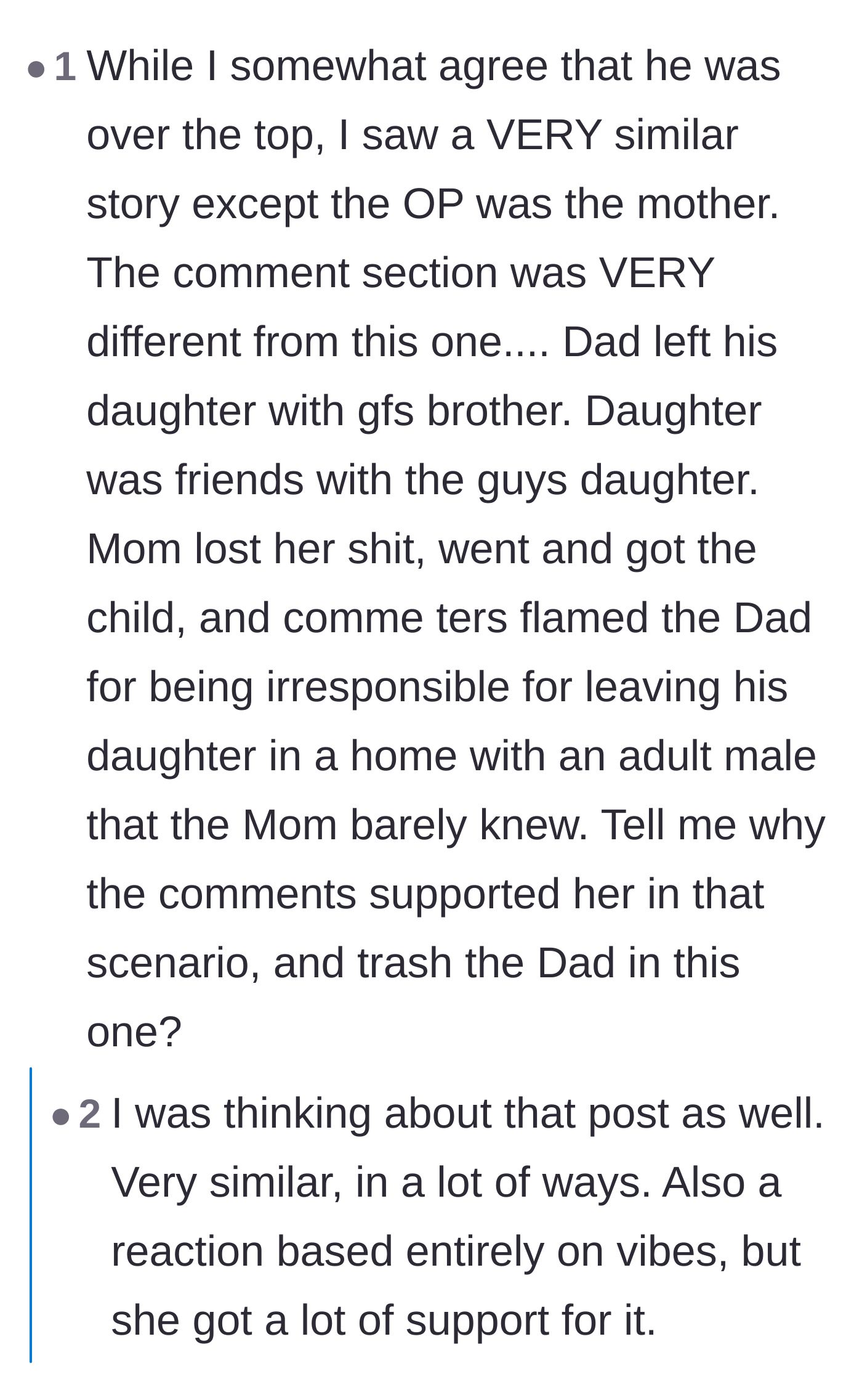Comment thread 1 - Debate over a perceived gender double standard in how the internet judges overprotective parents.