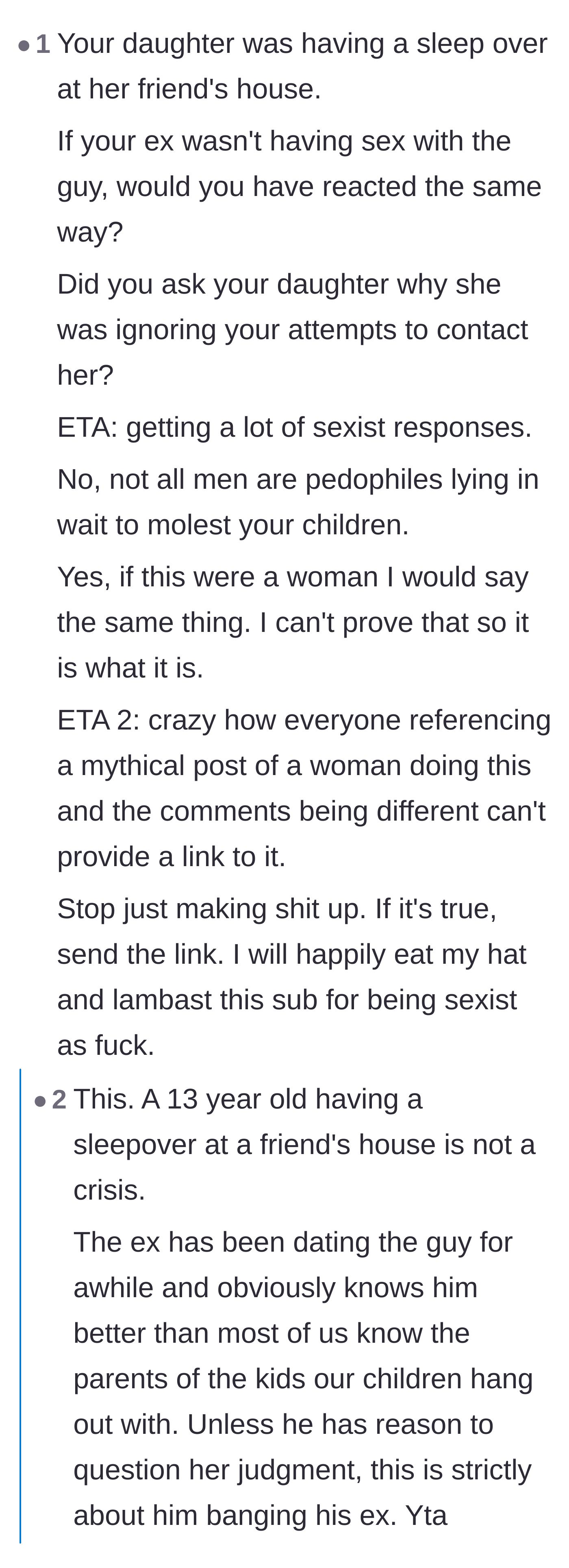 Comment thread 2 - Discussion suggesting the father's reaction stems from jealousy rather than genuine safety concerns.