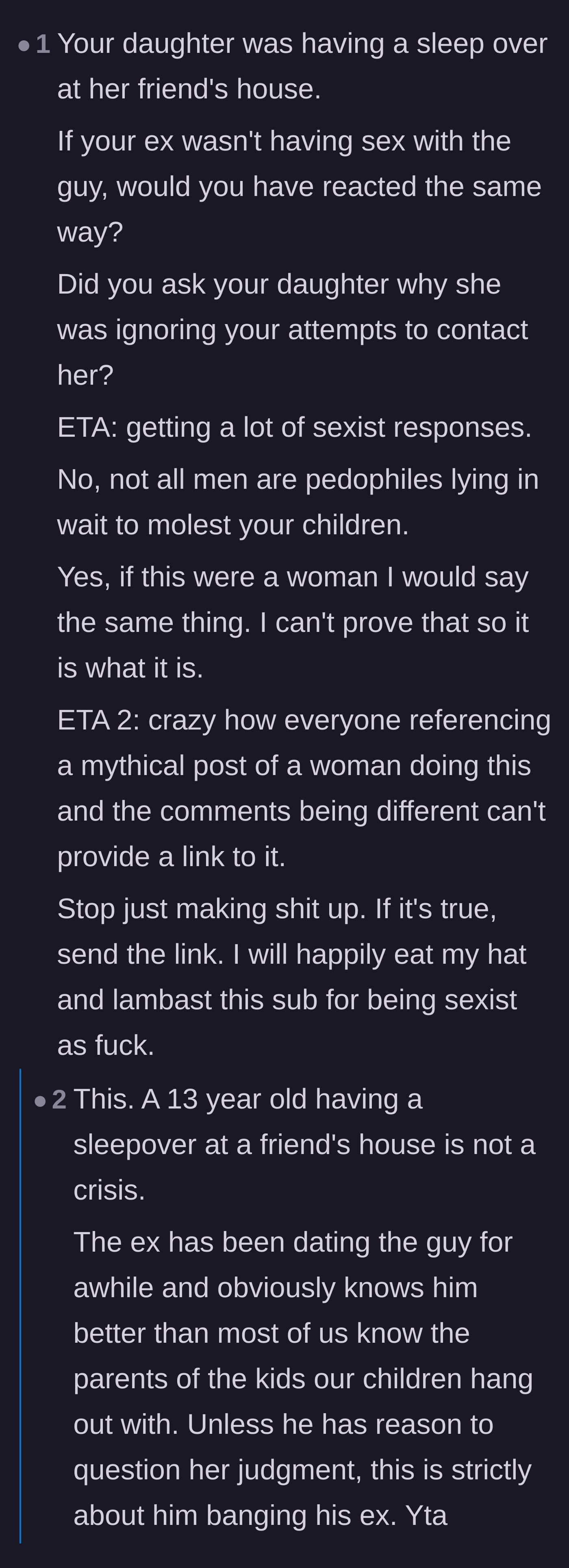 Comment thread 2 - Discussion suggesting the father's reaction stems from jealousy rather than genuine safety concerns.