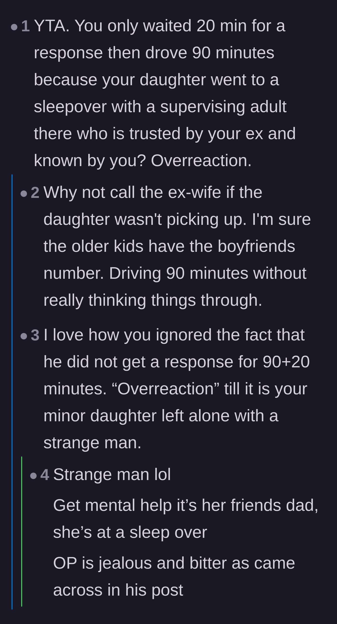 Comment thread 4 - Arguments over whether waiting twenty minutes before driving 90 minutes constitutes a massive failure in logic.