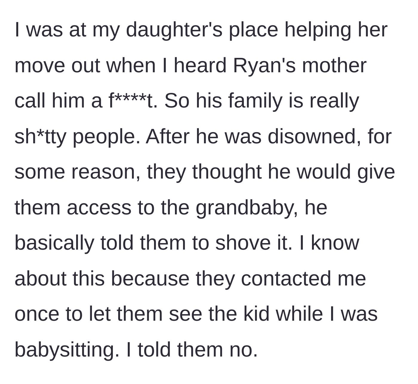 Story part 3 - The protective mother overhearing homophobic slurs and denying the toxic grandparents access to the child.