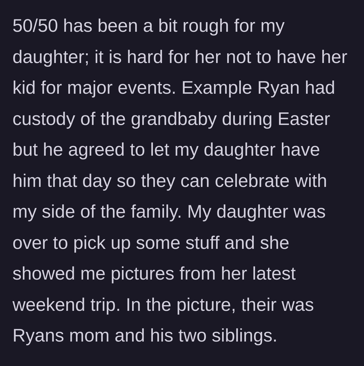 Story part 4 - The daughter struggling with split custody but receiving grace from her ex, only to reveal photos of a secret trip with his disowned family.