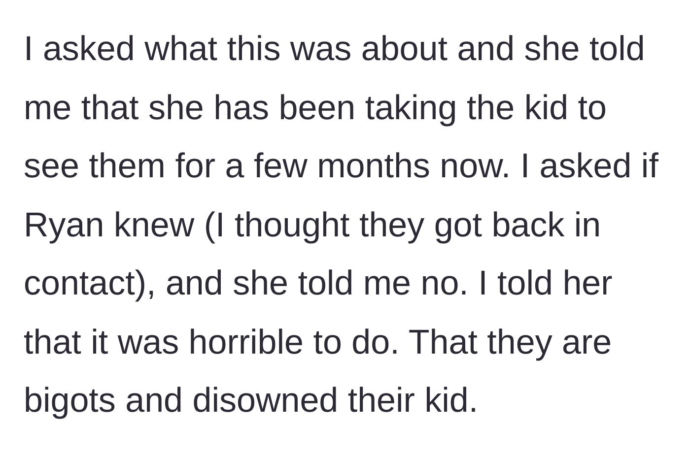 Story part 5 - The confrontation where the grandmother calls out her daughter's secret, months-long betrayal involving the bigoted in-laws.