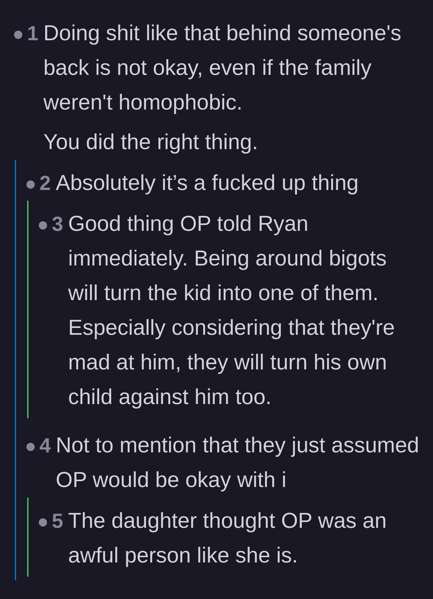 Comment thread 1 - Discussing the deep betrayal of hiding the visits and the risk of the grandparents turning the child against their father.