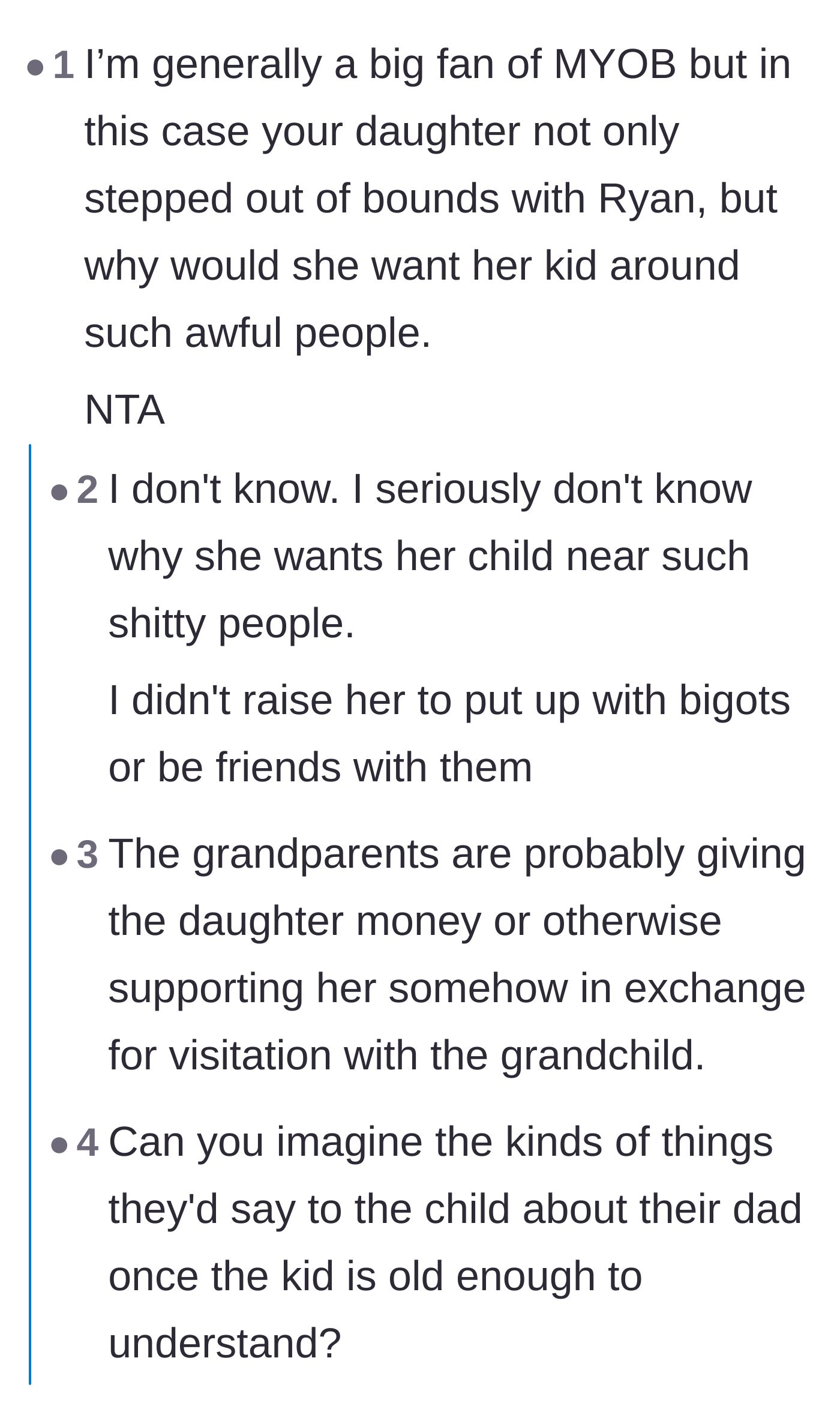 Comment thread 2 - Wondering why the daughter would expose her child to hateful people, with theories about financial bribes.