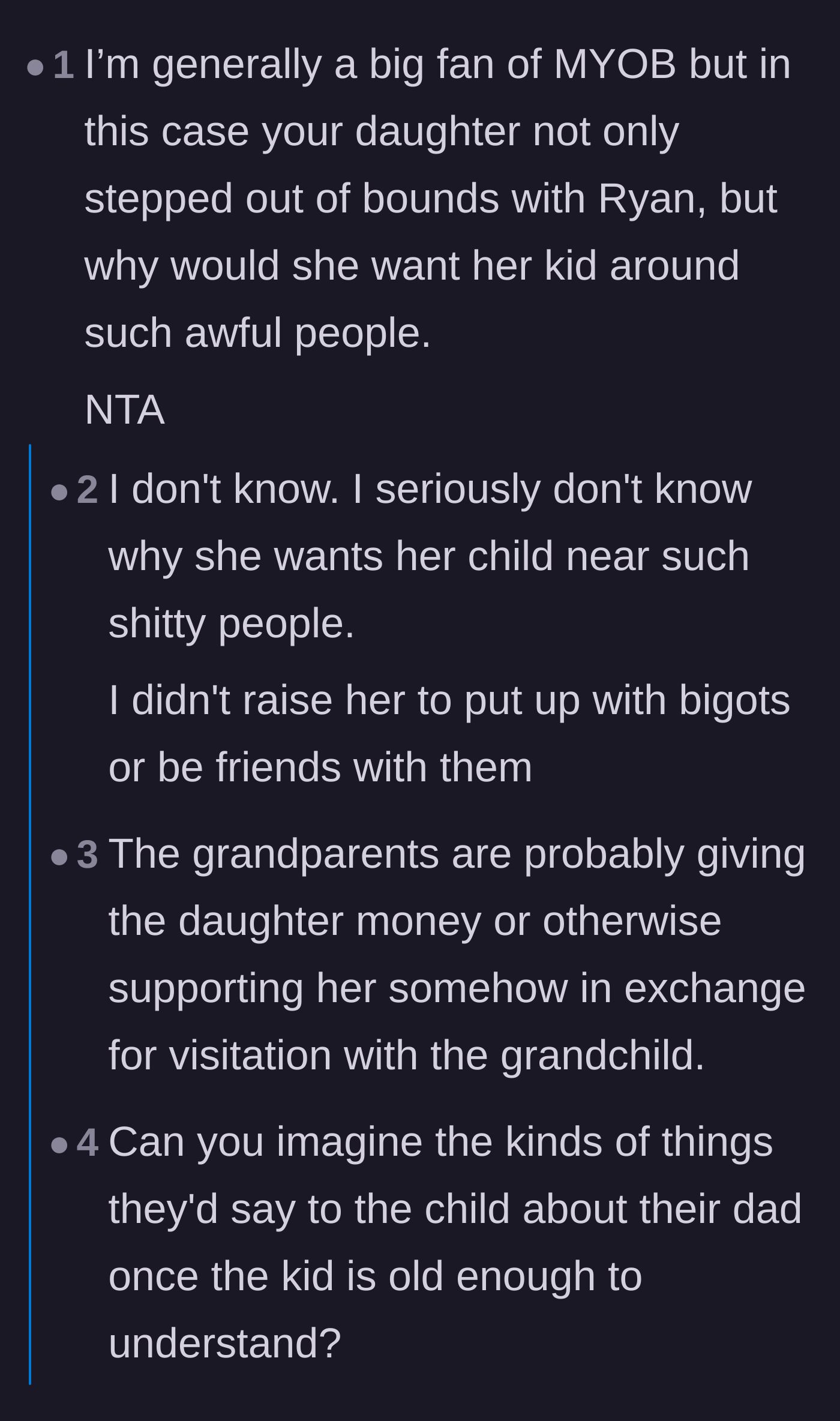 Comment thread 2 - Wondering why the daughter would expose her child to hateful people, with theories about financial bribes.