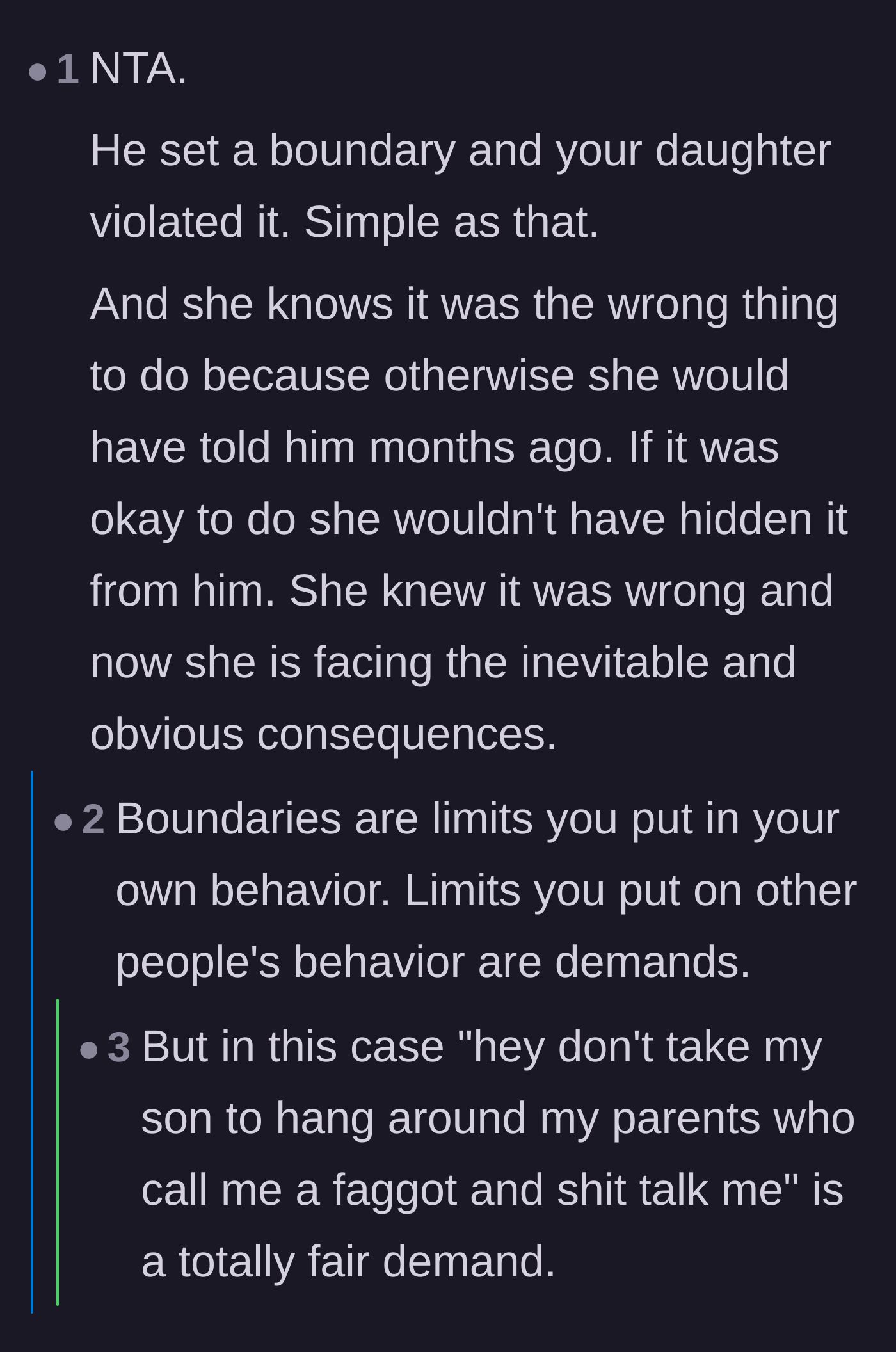Comment thread 3 - Pointing out that the daughter keeping the visits a secret proves she knew her actions were completely wrong.