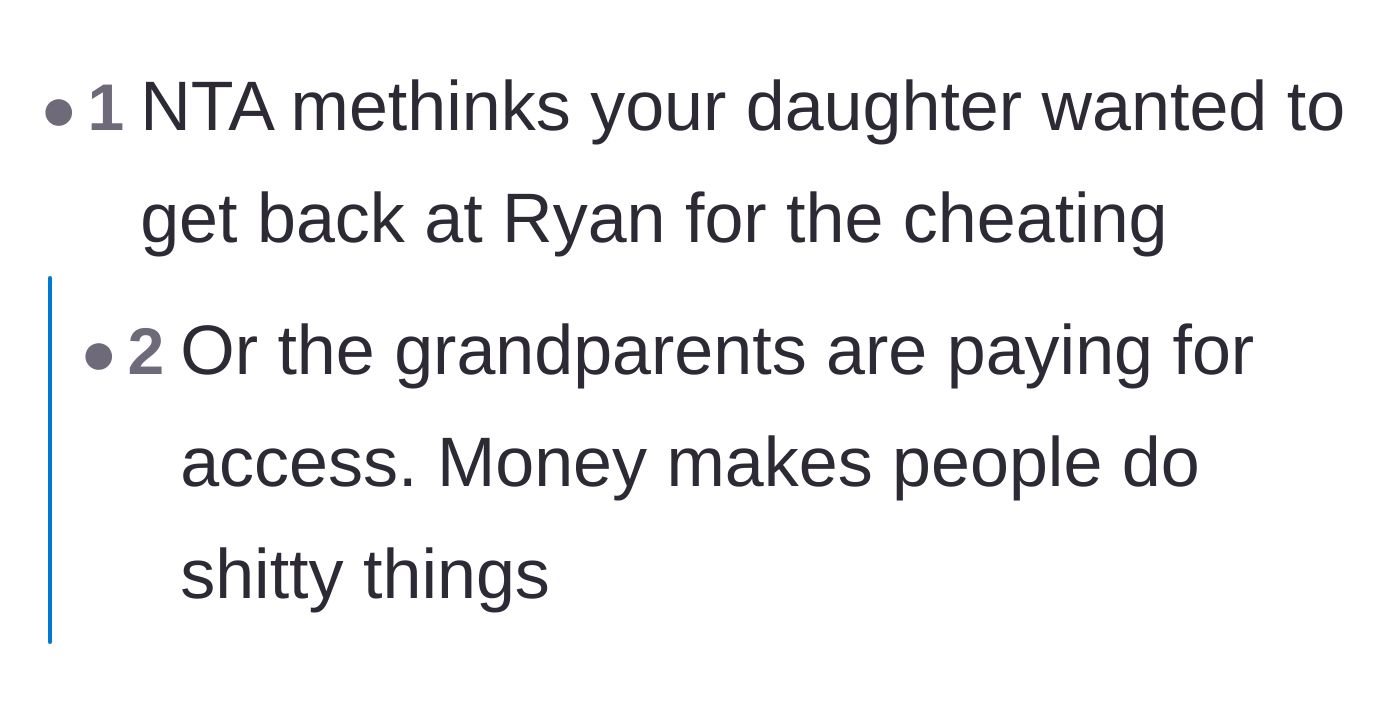 Comment thread 5 - Theorizing that the daughter's secret visits were purely an act of revenge for her ex's infidelity.