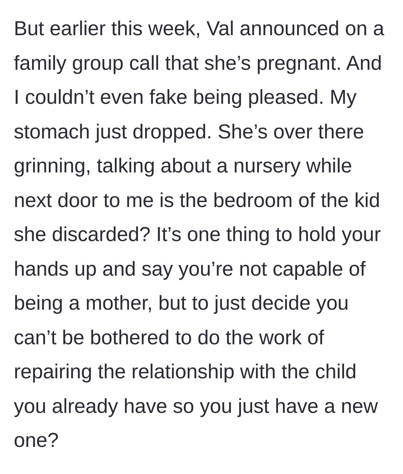 Story part 4 - The mother joyfully announces a new pregnancy on a family video call, devastating the sister.