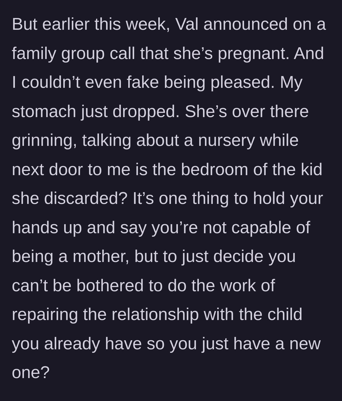 Story part 4 - The mother joyfully announces a new pregnancy on a family video call, devastating the sister.
