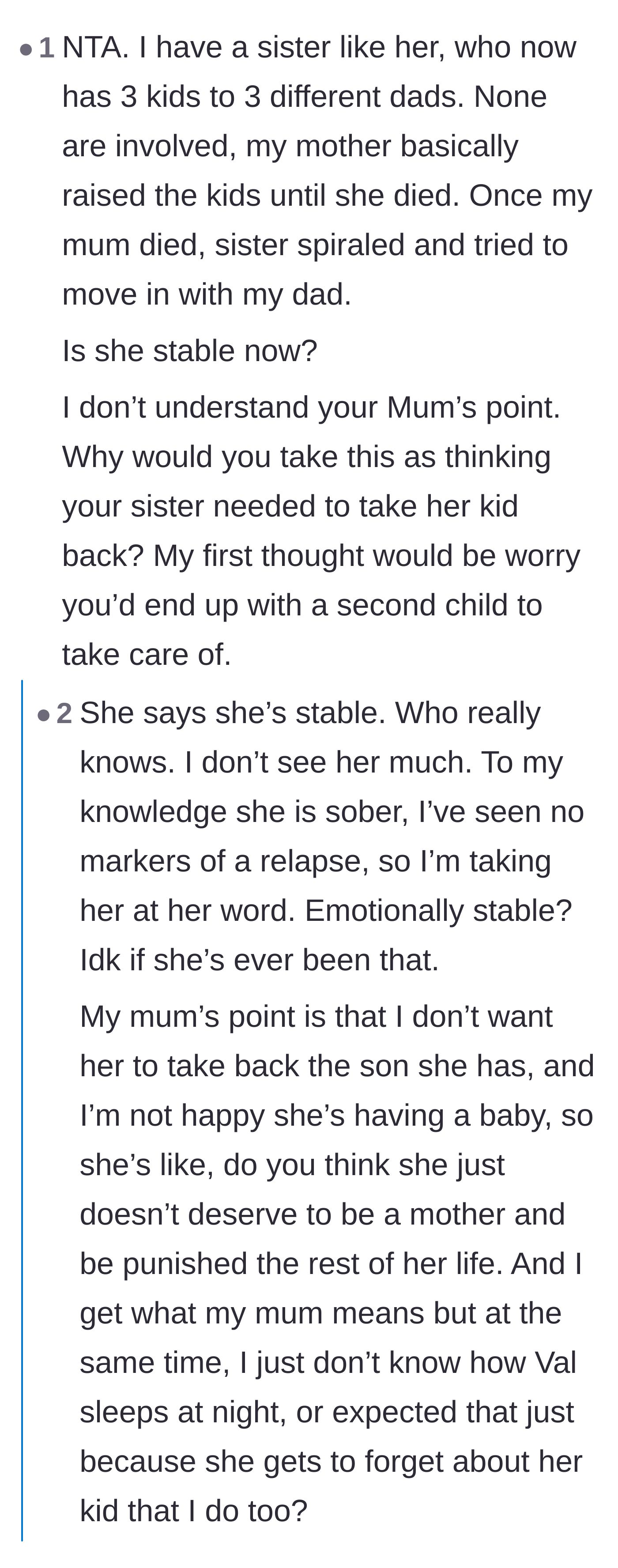 Comment thread 1 - A reader shares their own painful experience with a sibling who abandoned their children and questions the mother's logic.