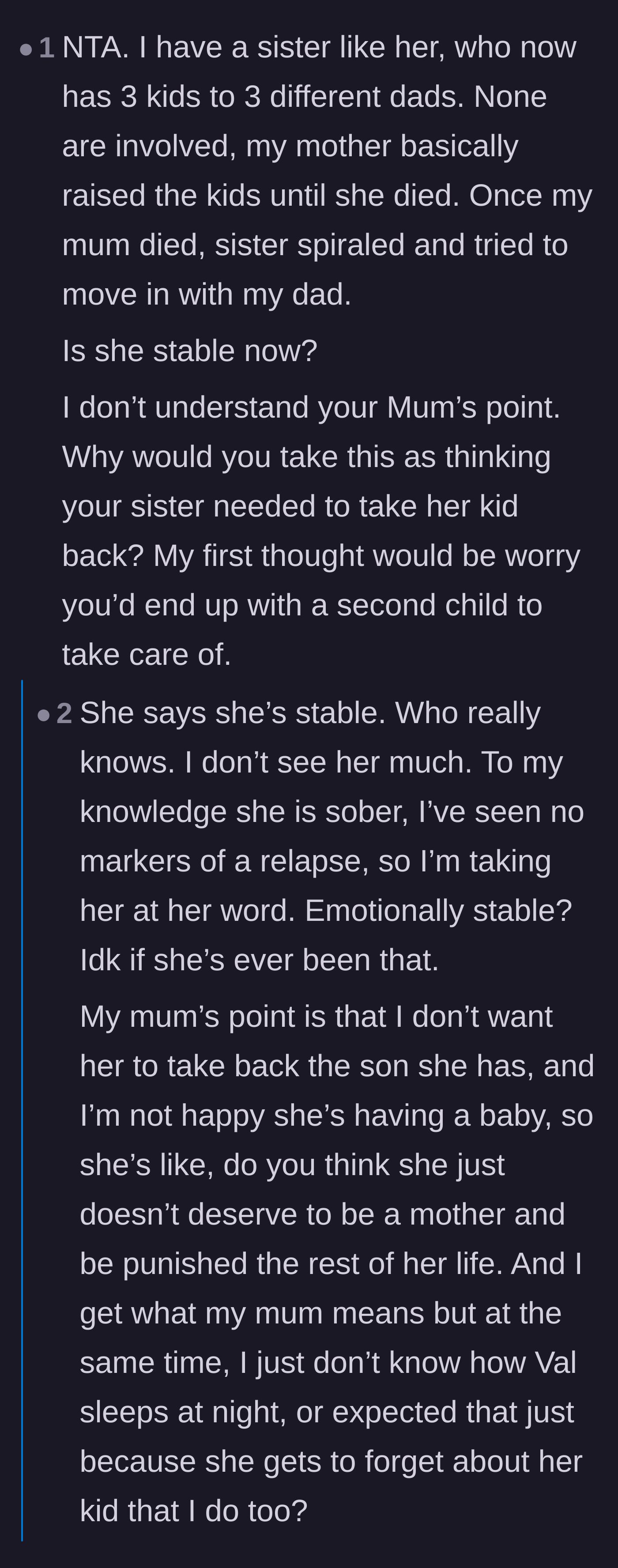 Comment thread 1 - A reader shares their own painful experience with a sibling who abandoned their children and questions the mother's logic.