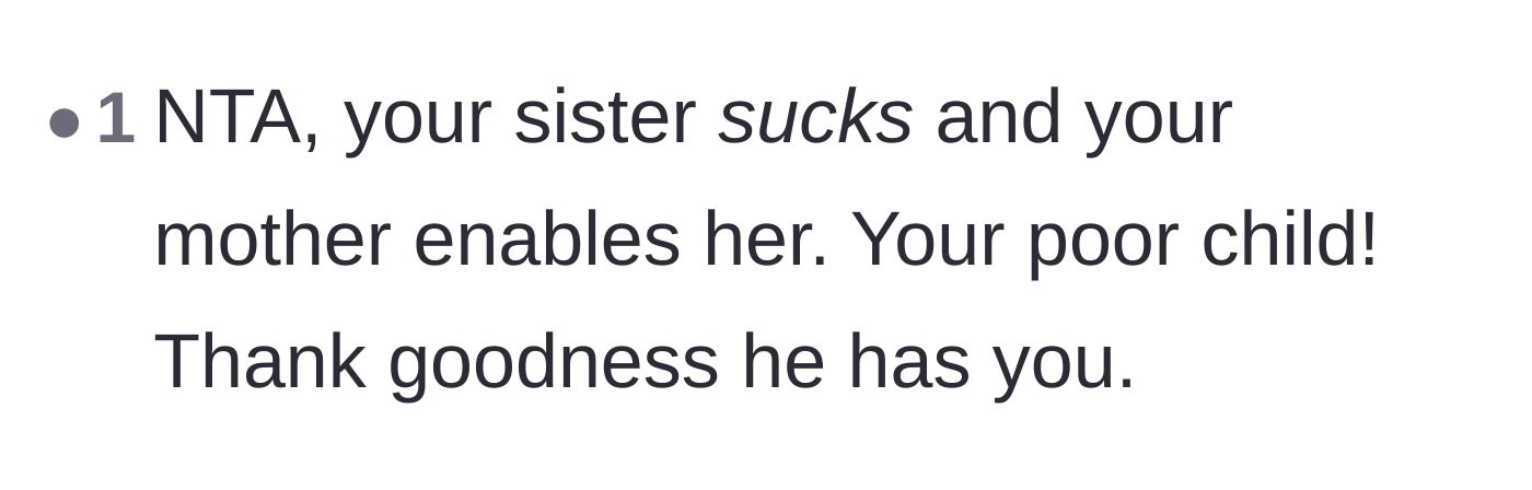 Comment thread 4 - A short comment praising the aunt for saving the child while condemning the sister and the enabling mother.