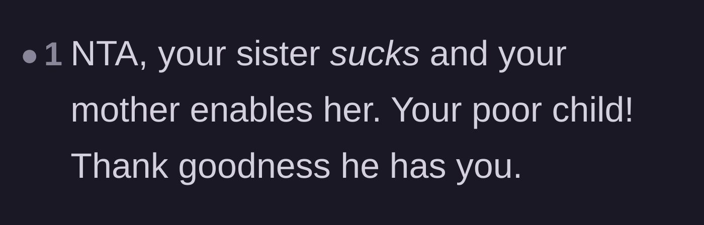 Comment thread 4 - A short comment praising the aunt for saving the child while condemning the sister and the enabling mother.
