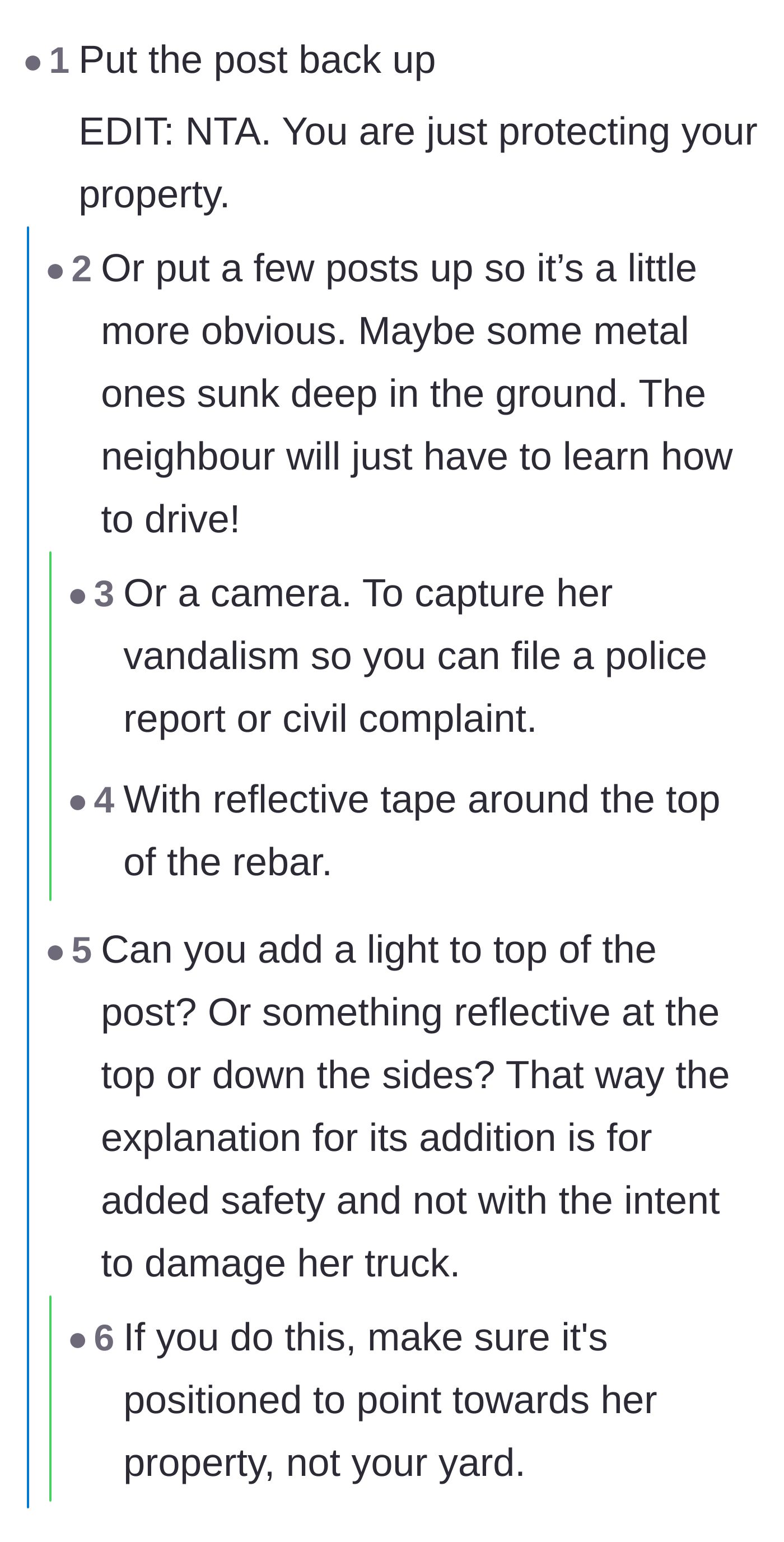 Comment thread 1 - Readers suggesting practical ways to fortify the property line with cameras and reflective posts.